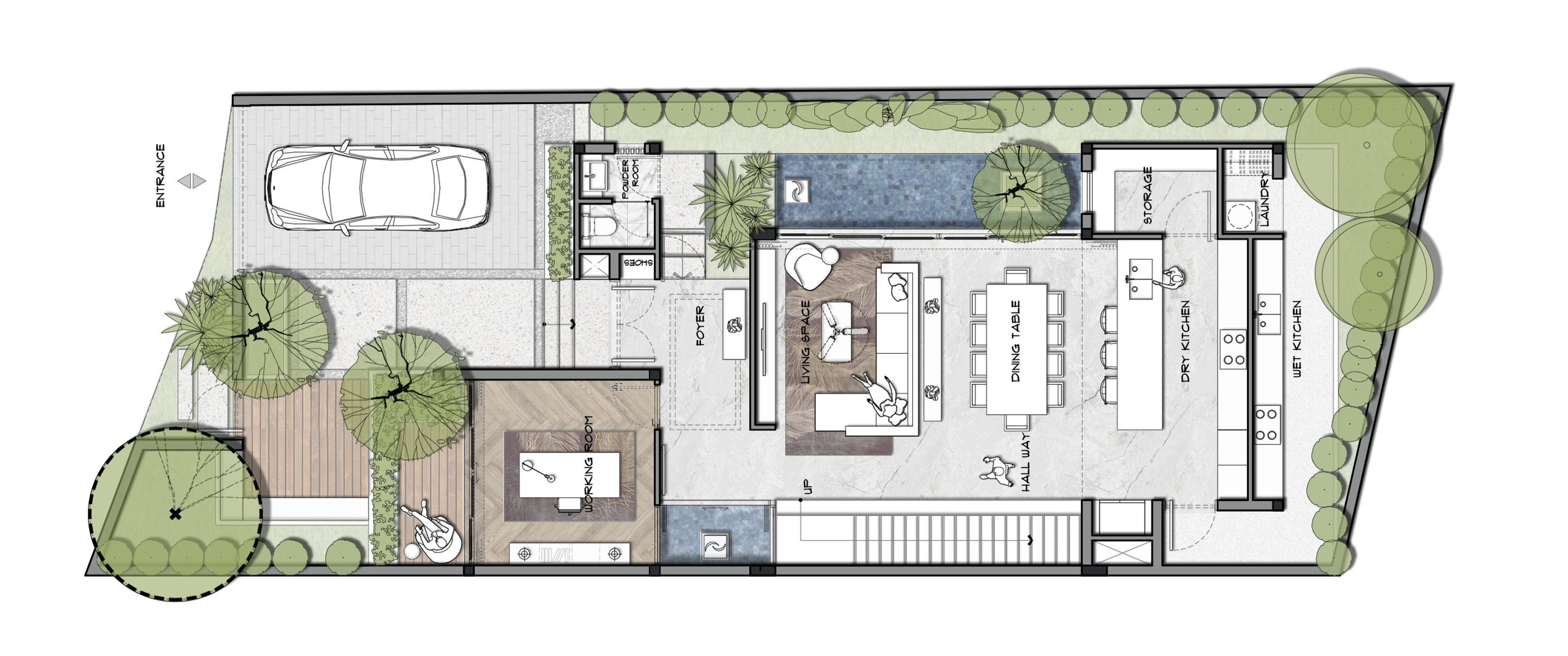 Tại Sao Bản Vẽ Nhà Là Bước Quan Trọng Nhất Khi Xây Biệt Thự? Bản vẽ mặt bằng biệt thự Tropical Modern do 3A Signature thiết kế, thể hiện bố cục sân vườn, phòng khách, bếp và không gian xanh liên hoàn tinh tế.