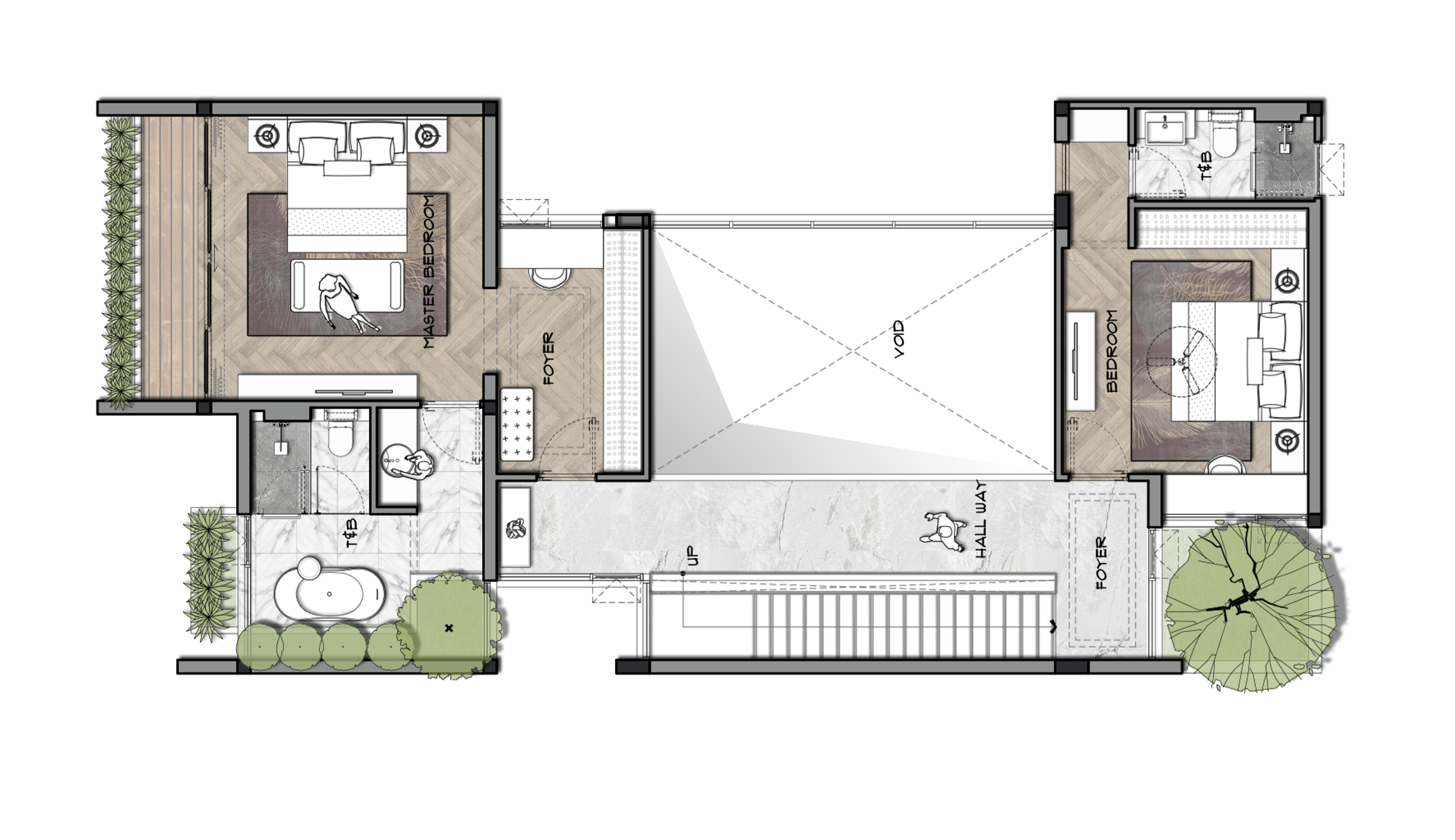Tại Sao Bản Vẽ Nhà Là Bước Quan Trọng Nhất Khi Xây Biệt Thự? Bản vẽ mặt bằng tầng hai biệt thự do 3A Signature thiết kế, gồm phòng ngủ master, phòng ngủ phụ và sân vườn, thể hiện tinh thần sống cá nhân hóa.