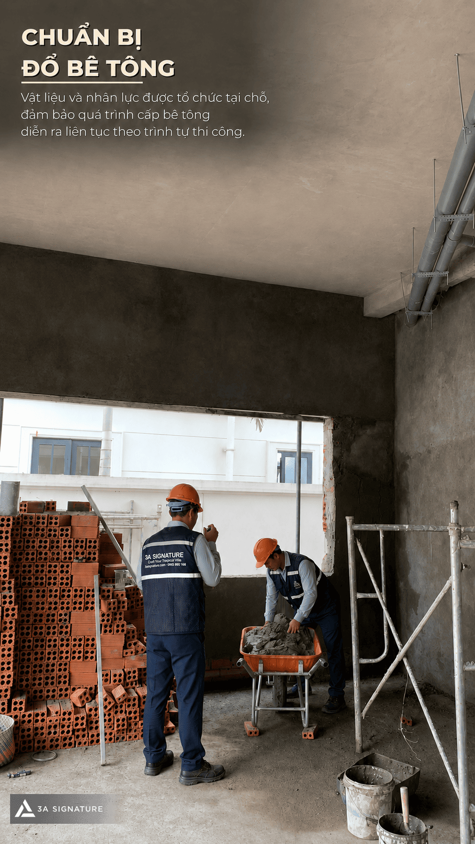 Hình ảnh thi công bổ trụ BTCT Lumina Retreat Villa trong bước chuẩn bị đổ bê tông, tổ chức vật liệu, nhân lực và thiết bị thi công.