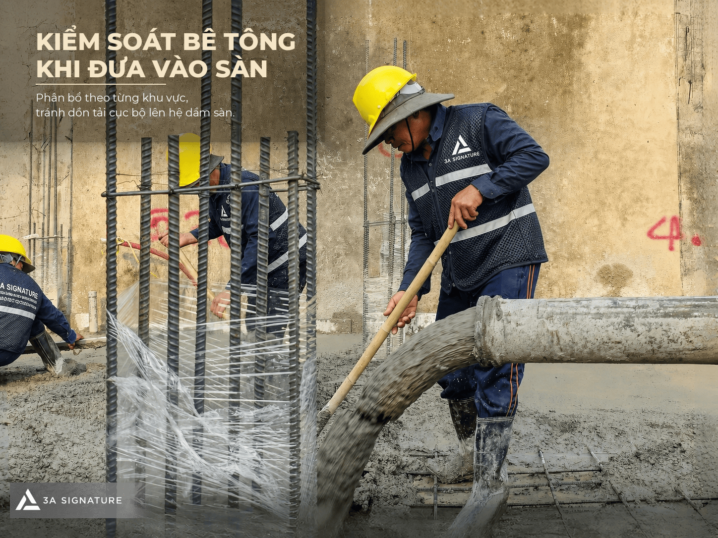 Kỹ thuật viên kiểm soát công tác đổ bê tông sàn, phân bổ bê tông theo từng khu vực để hạn chế tải trọng cục bộ.