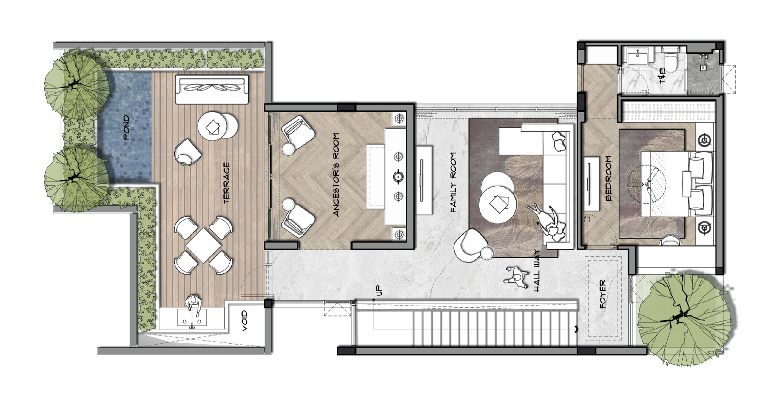 Tại Sao Bản Vẽ Nhà Là Bước Quan Trọng Nhất Khi Xây Biệt Thự? Bản vẽ mặt bằng biệt thự do 3A Signature thiết kế, gồm phòng thờ, phòng sinh hoạt chung, sân hiên và hồ nước, thể hiện tinh thần sống hòa cùng thiên nhiên.