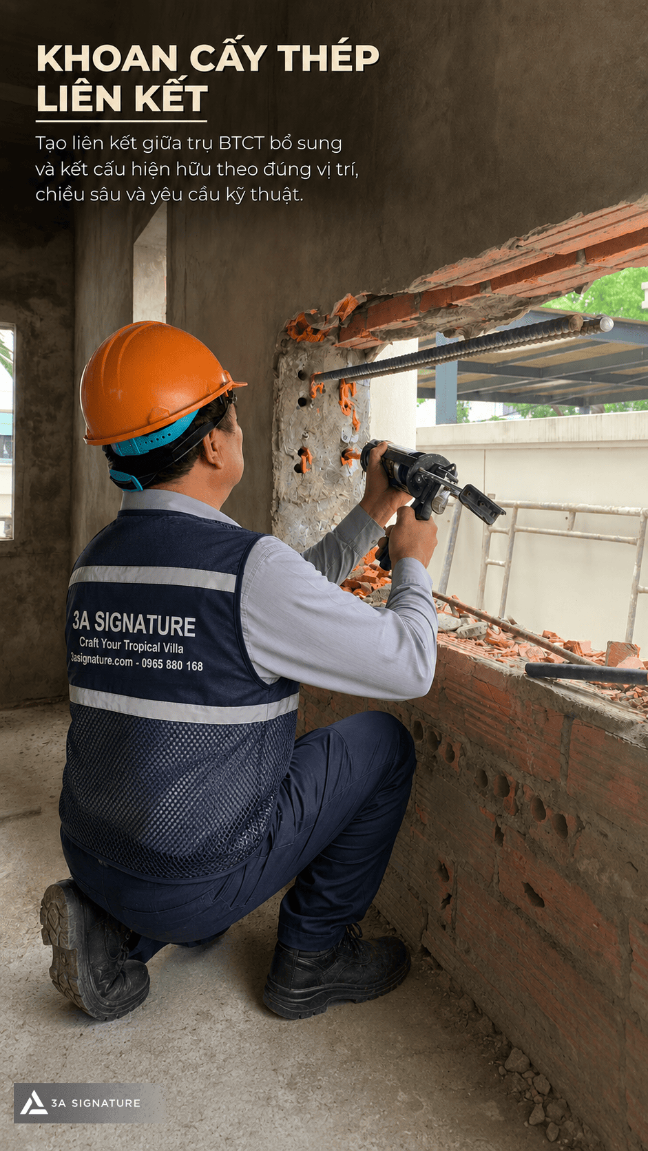 Hình ảnh thi công bổ trụ BTCT Lumina Retreat Villa ở công đoạn khoan cấy thép liên kết, kiểm soát vị trí và chiều sâu khoan.