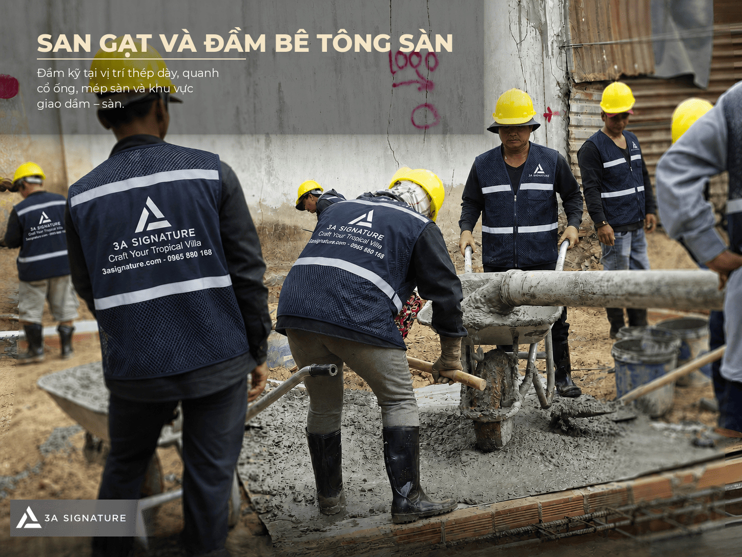 Hình ảnh san gạt, đầm bê tông trong công tác đổ bê tông sàn, kiểm soát cao độ, độ đặc chắc và bề mặt sau đổ.