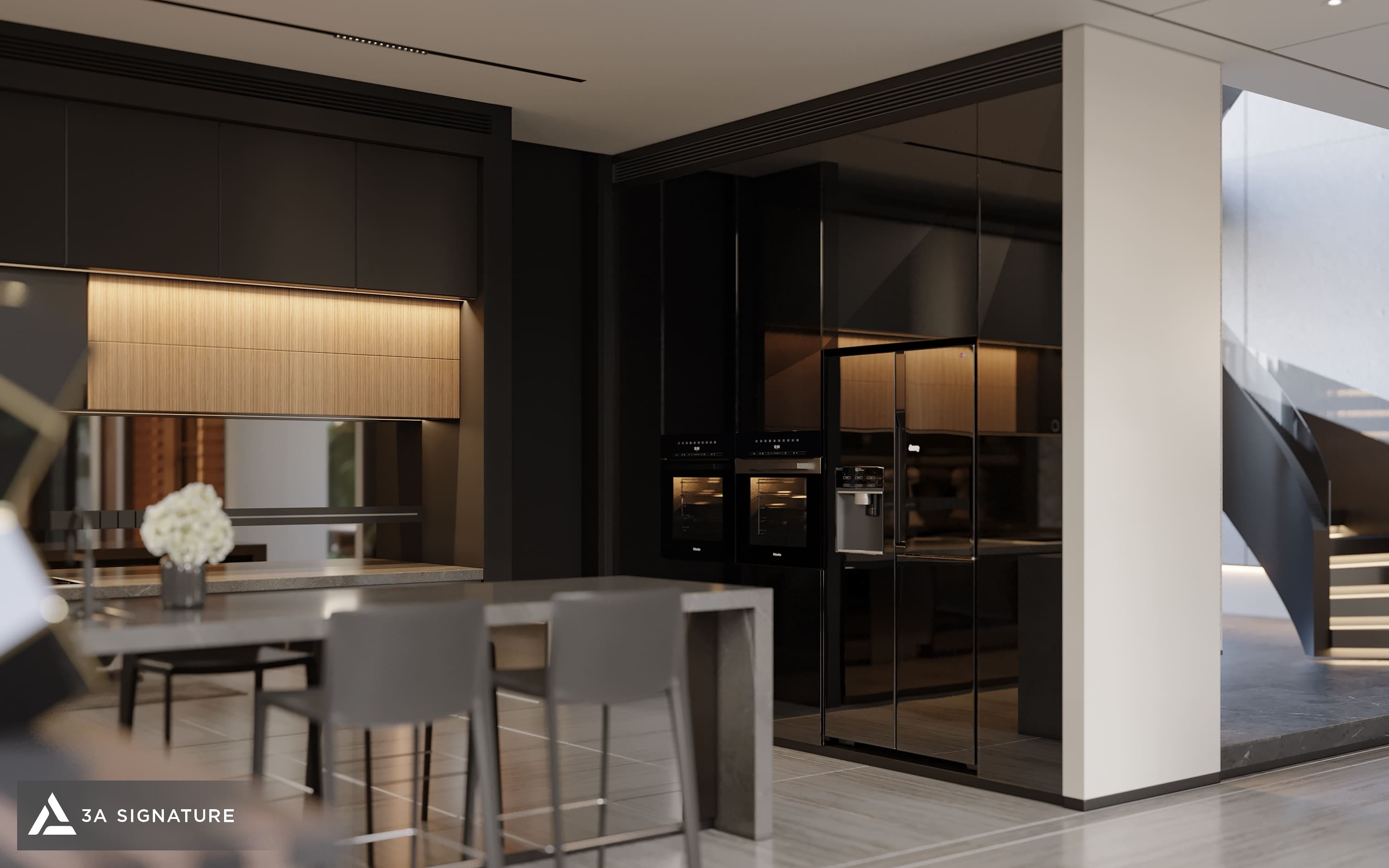 Bếp Diamond Villa với hệ tủ tối màu, đảo bếp trung tâm và vật liệu gỗ ấm, kết nối trực tiếp với khu vực sinh hoạt chung.