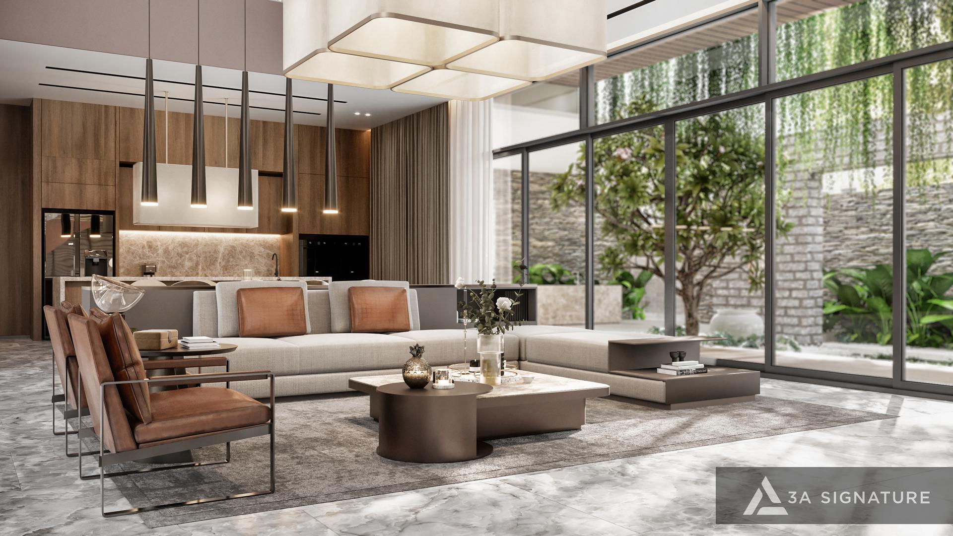 Phòng khách biệt thự với cửa kính lớn, nội thất hiện đại và ánh sáng tự nhiên dịu nhẹ, mang đến không gian sống yên bình và hòa hợp cùng cảnh quan xanh.