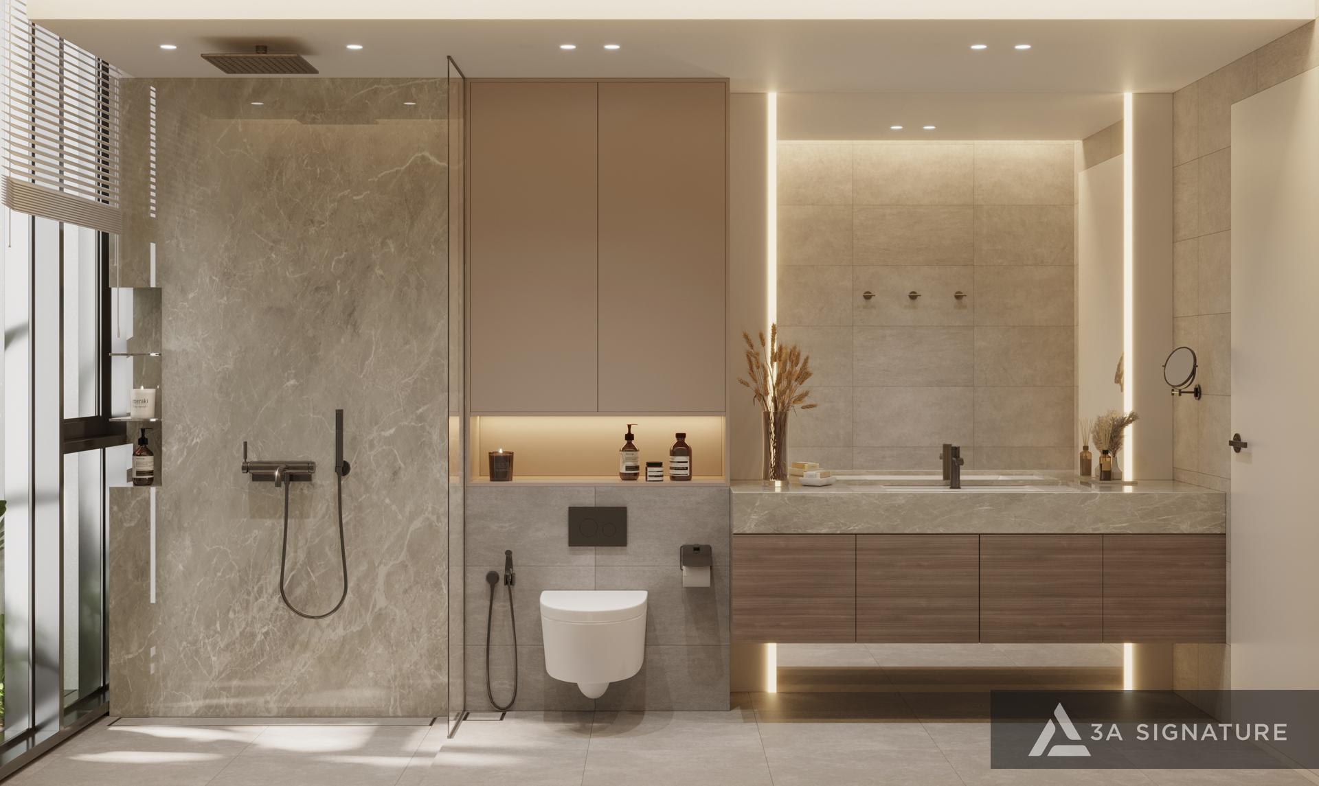 Thiết Kế Bức Tường Trở Thành Điểm Nhấn Tinh Tế Trong Biệt Thự Tropical Phòng tắm biệt thự Tropical Modern với bức tường đá tự nhiên thanh lịch, ánh sáng hắt dọc tinh tế và bố cục tối giản tạo nên cảm giác thiền tĩnh như spa cao cấp đúng tinh thần nghỉ dưỡng trong chính ngôi nhà của 3A Signature.