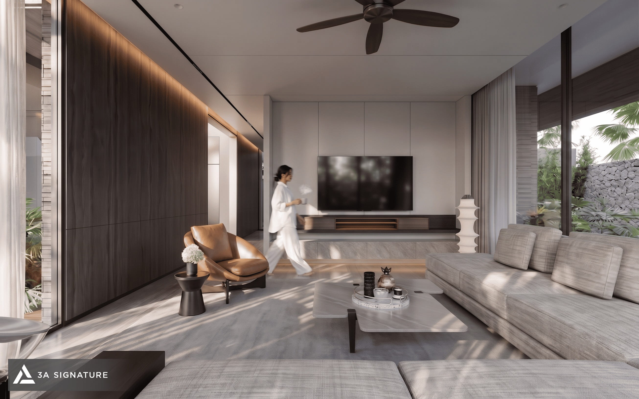 Phòng sinh hoạt gia đình Diamond Villa với bảng màu trung tính, ánh sáng tự nhiên và tầm nhìn mở về cảnh quan xanh.