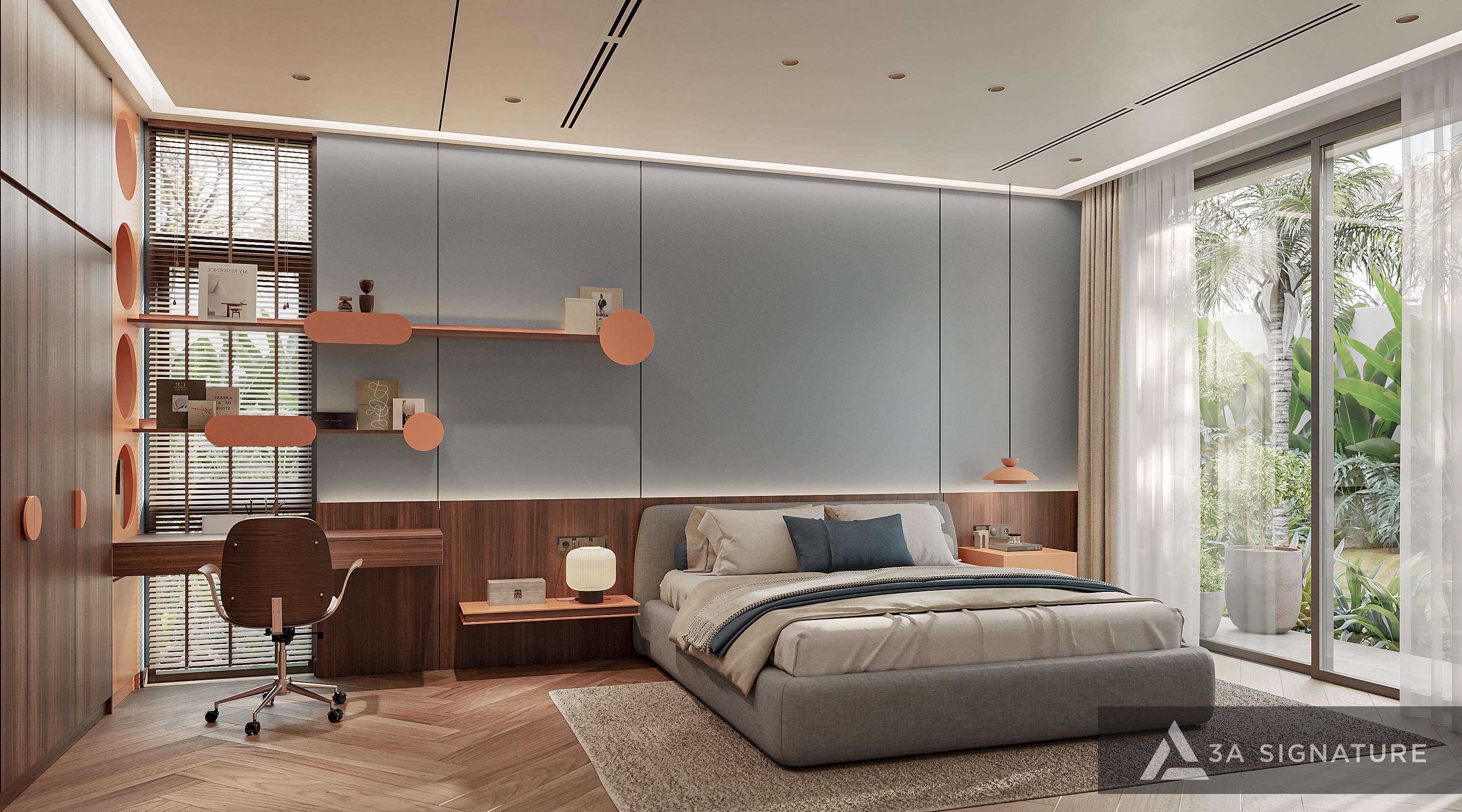 Màu Sắc Của Năm 2026: Xu Hướng Thẩm Mỹ Mới Trong Thiết Kế Kiến Trúc & Nội Thất Phòng ngủ hiện đại với gam Dusty Blue và Warm Beige, kết hợp gỗ tự nhiên tạo cảm giác thư giãn, thể hiện xu hướng màu tĩnh lặng Serene Palette 2026.