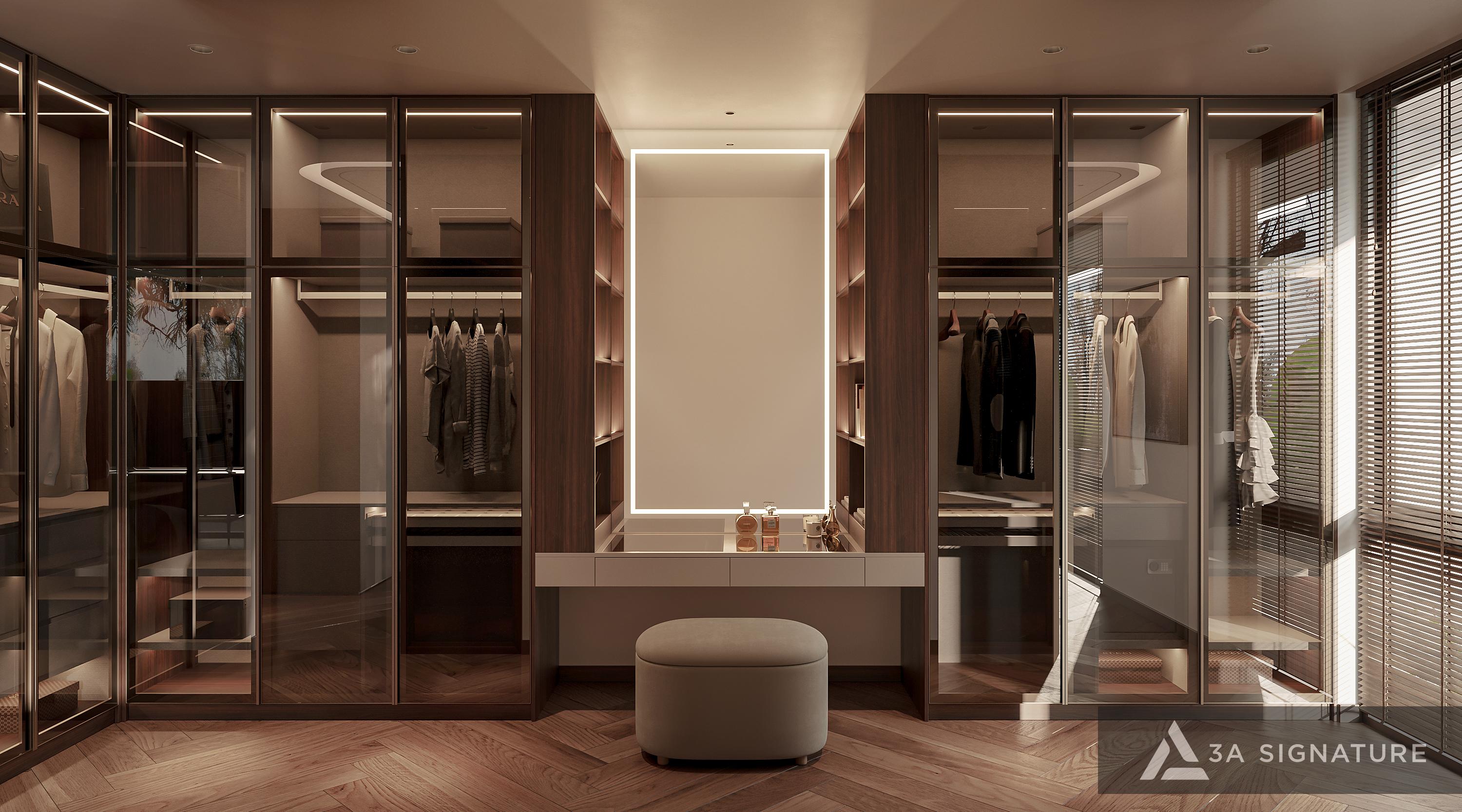 Thiết Kế Phòng Thay Đồ Đẹp: Cân Bằng Giữa Công Năng Và Thẩm Mỹ Bàn trang điểm tích hợp ánh sáng viền và tủ trưng bày đồng bộ tạo nên không gian phòng thay đồ đẹp, tiện nghi và sang trọng đúng chuẩn biệt thự cao cấp.