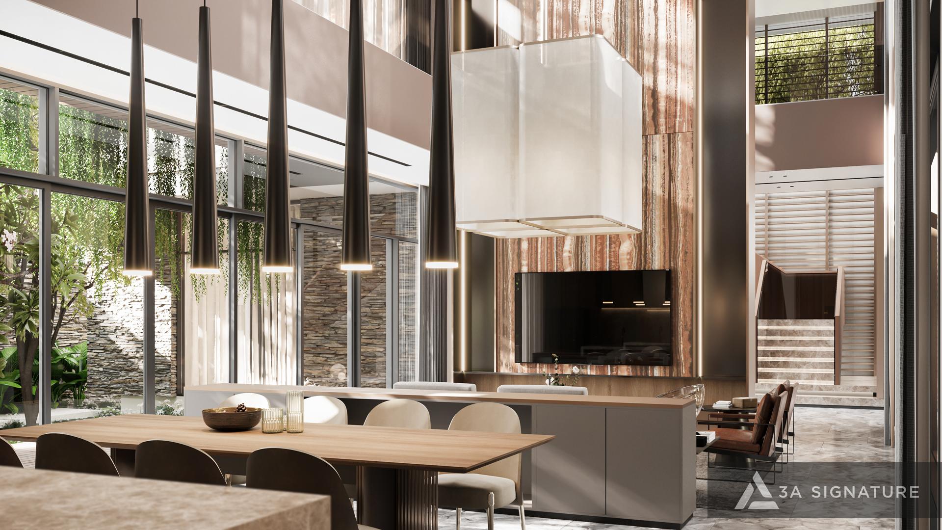 Mẫu Thiết Kế Biệt Thự Cao Cấp - Tinh Tế Trong Từng Đường Nét Nội thất biệt thự hiện đại với bàn ăn gỗ, ánh sáng thả dài và mảng tường đá sang trọng, tạo không gian ấm áp và liền mạch theo phong cách 3A Signature.