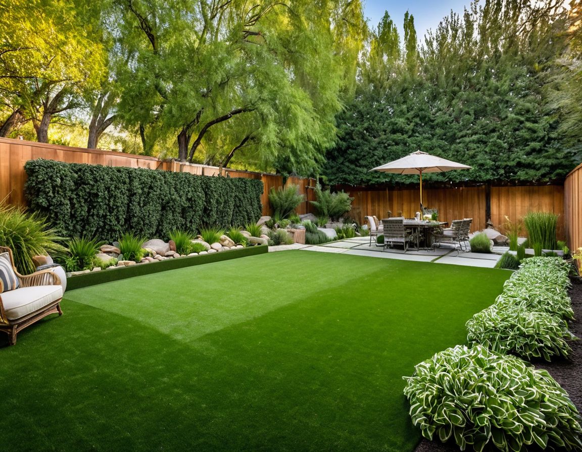 3D Landscape view of a luxury tropical garden with lush greenery, open lawn, natural light, and an elegant outdoor dining area designed for comfort and relaxation.