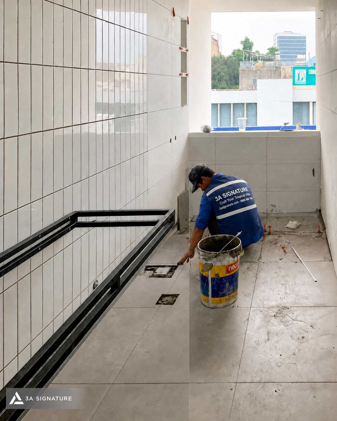 Công đoạn ốp lát gạch cần xử lý kỹ vị trí cắt quanh phễu thu, ống chờ và hộp âm tường để đảm bảo mép cắt gọn, đúng thiết bị và thoát nước tốt.
