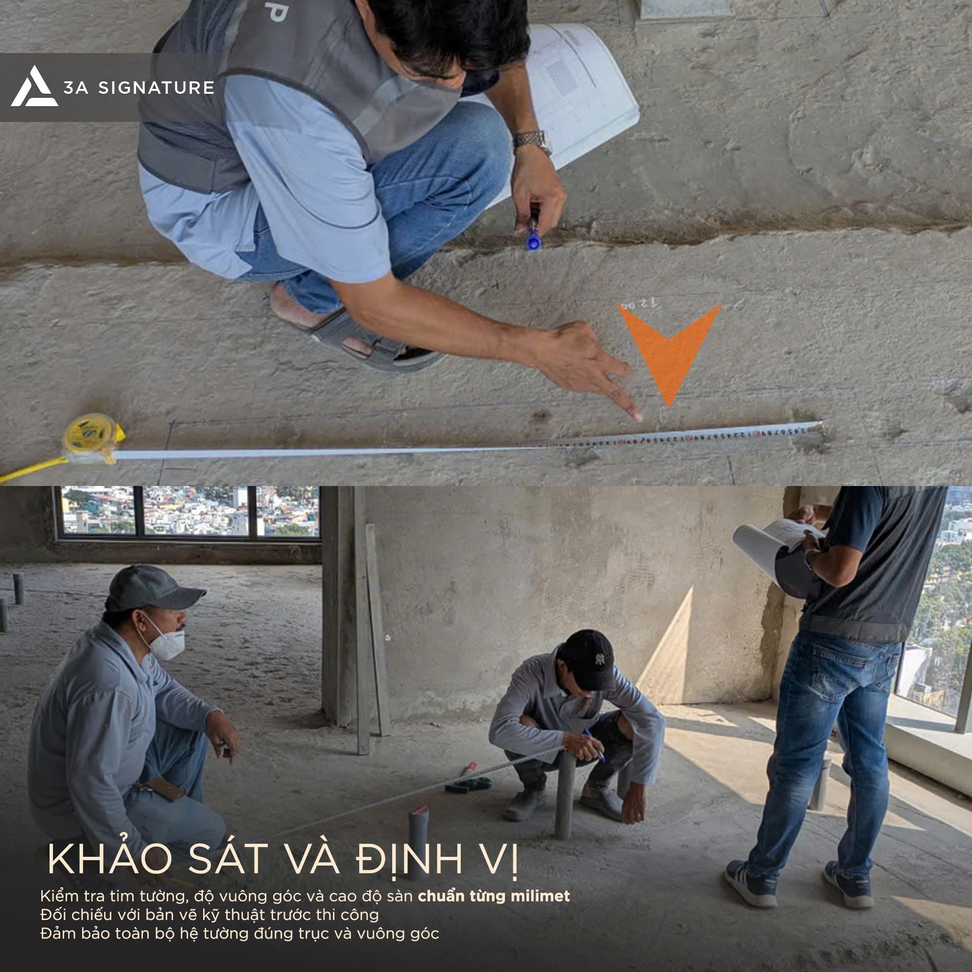 Khảo sát và định vị là bước quan trọng trong quy trình xây tường chuẩn kỹ thuật, giúp kiểm tra tim trục, cao độ sàn và độ vuông góc trước khi thi công tường gạch Penthouse cao cấp.