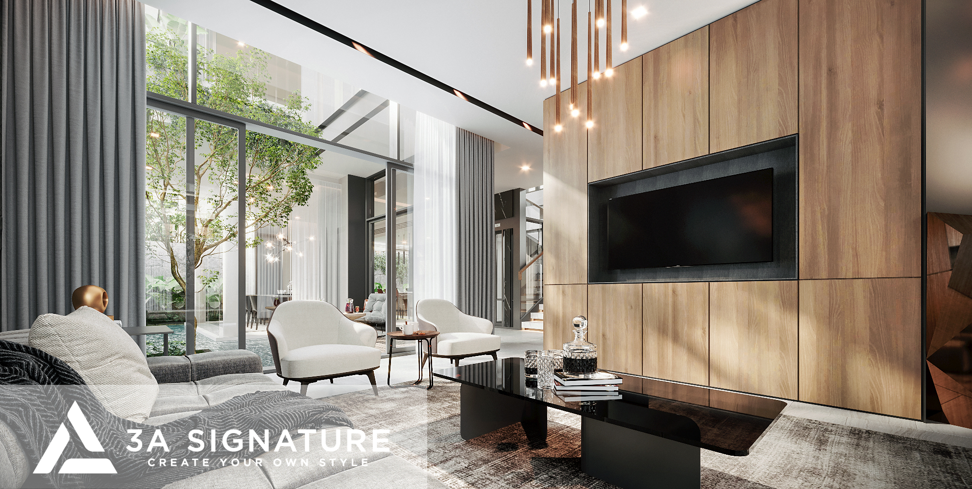 Vật Liệu Tropical Modern - Linh Hồn Của Kiến Trúc Sống Xanh Không gian phòng khách Tropical Modern của 3A Signature với tường ốp gỗ, cửa kính lớn mở ra sân vườn xanh và ánh sáng tự nhiên, thể hiện triết lý chọn vật liệu bền vững, tinh tế và mang đậm dấu ấn cảm xúc.