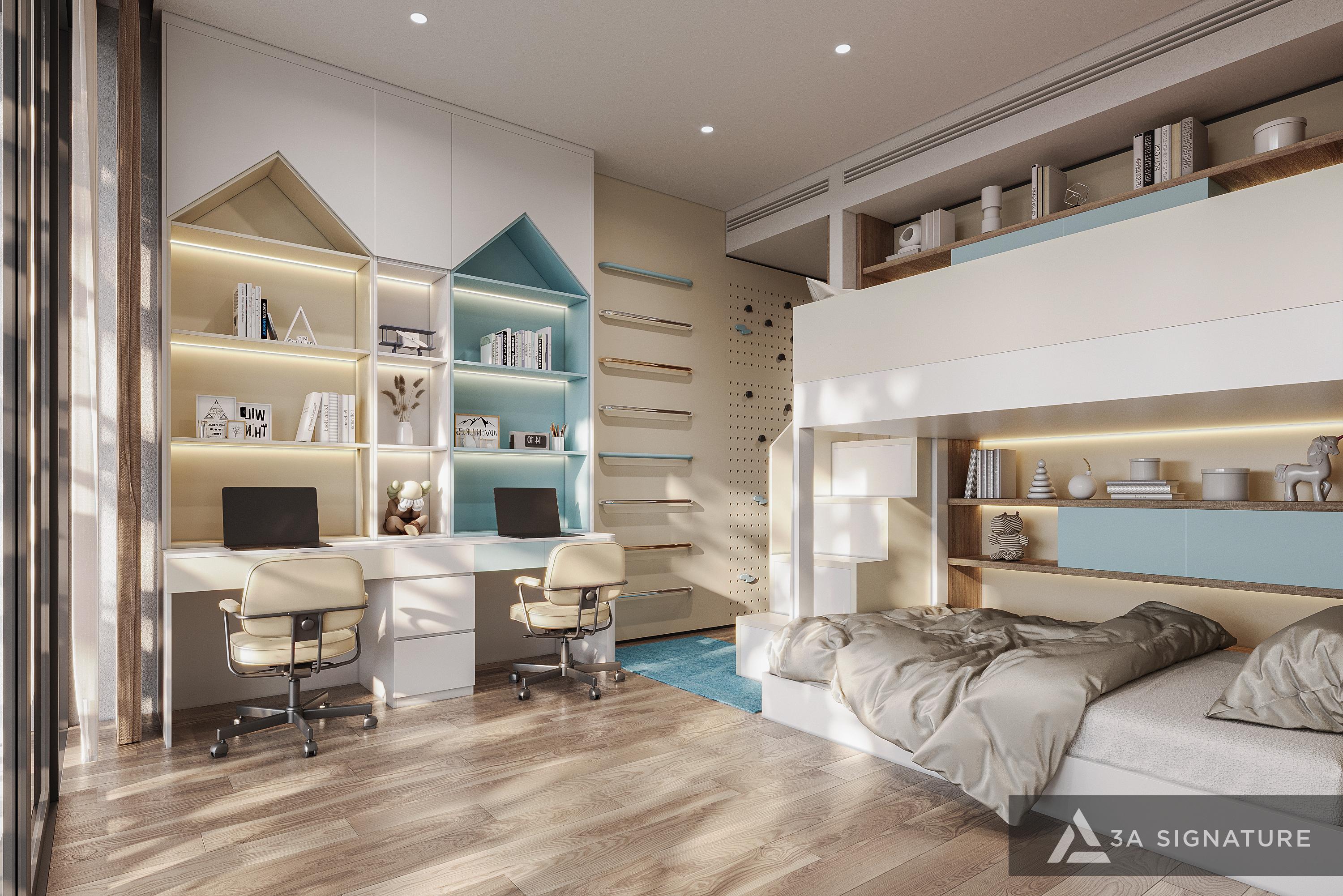 Nội Thất Phòng Ngủ Trẻ Em: Nguyên Tắc Thiết Kế Sáng Tạo Giúp Bé Phát Triển Toàn Diện Nội thất phòng ngủ trẻ em với bàn học đôi, ánh sáng tự nhiên và giá sách tiện dụng, tạo môi trường học tập thoải mái và hiệu quả cho trẻ.