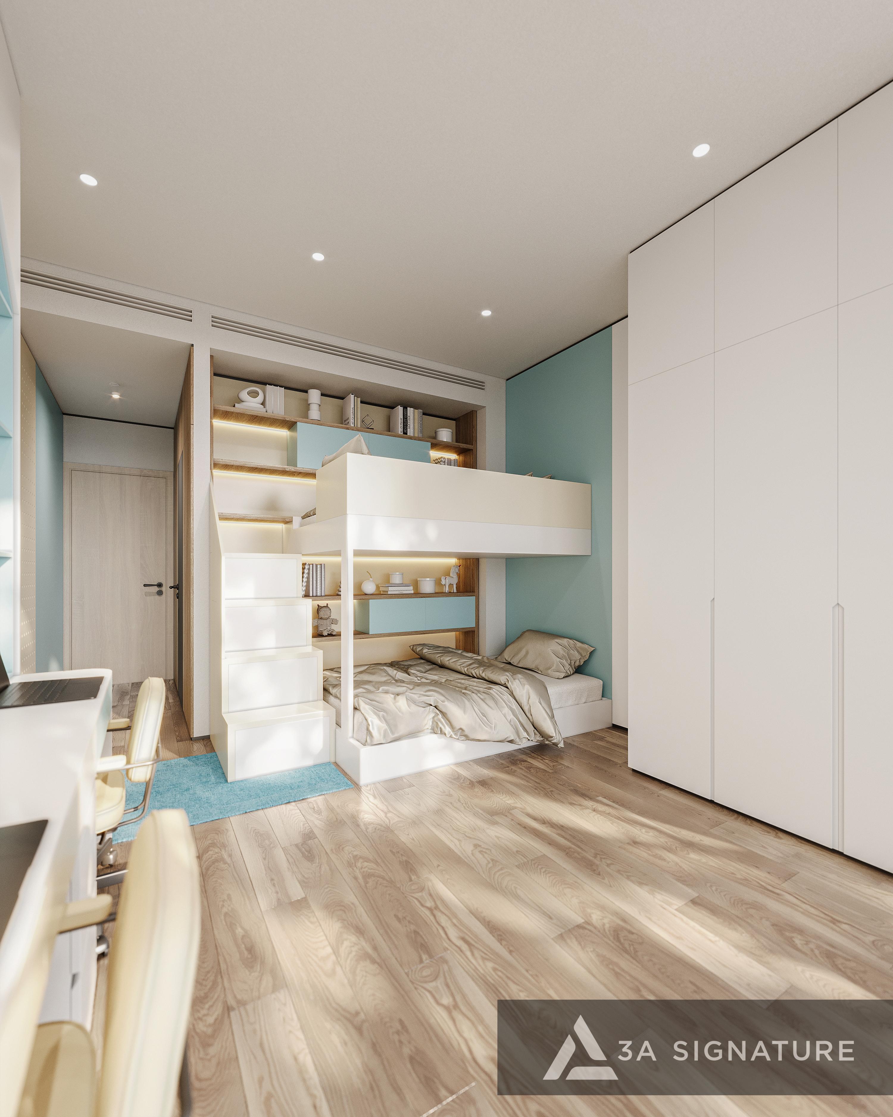 Nội Thất Phòng Ngủ Trẻ Em: Nguyên Tắc Thiết Kế Sáng Tạo Giúp Bé Phát Triển Toàn Diện Phòng ngủ trẻ em giường tầng đa năng, màu sắc trung tính và hệ tủ module linh hoạt, phù hợp mô hình thiết kế “lớn lên cùng bé” tiện dụng và bền vững.