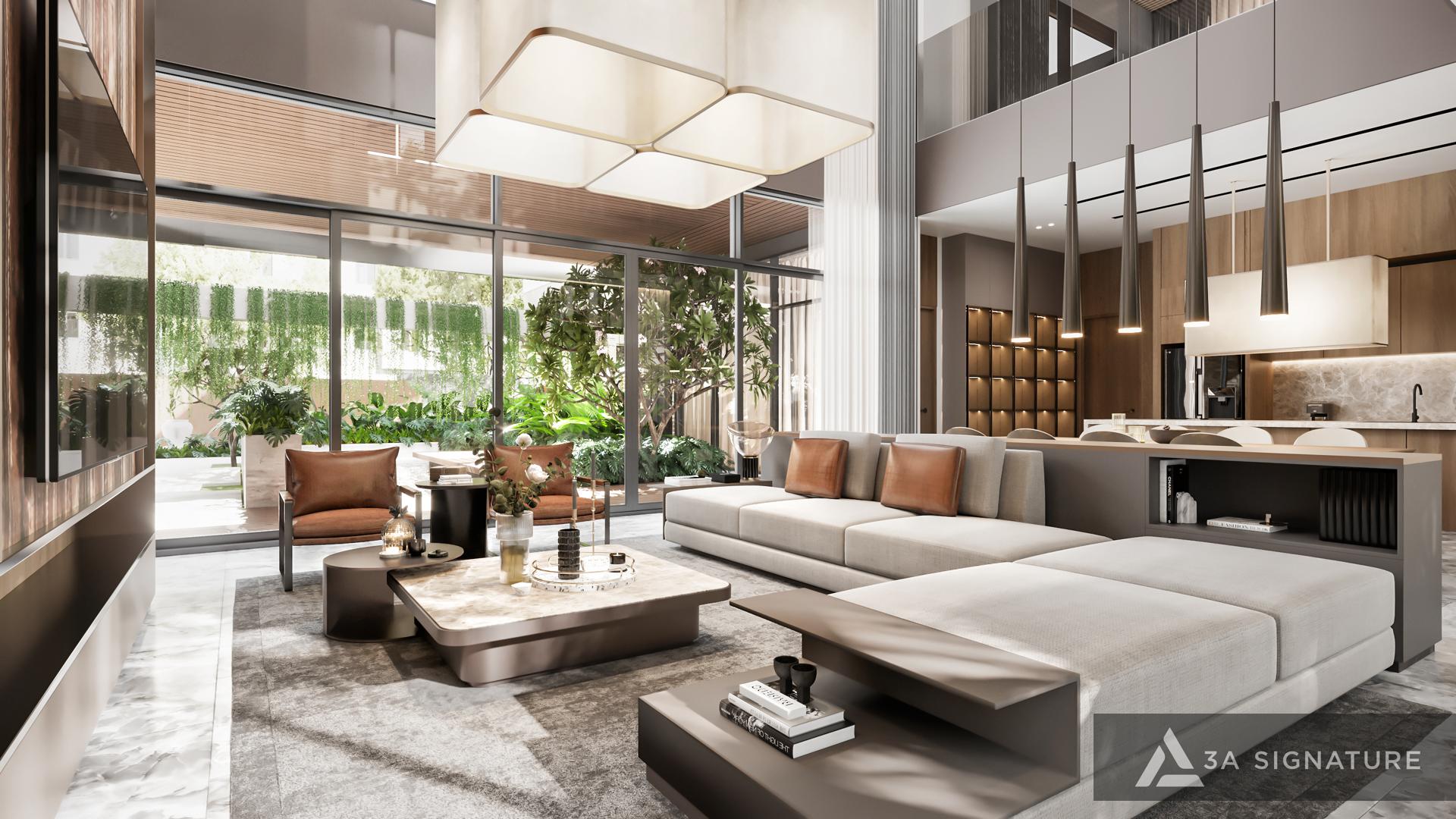 Phòng khách biệt thự hiện đại với cửa kính lớn đón sáng tự nhiên, đèn thả trang trí tinh tế và sofa màu trung tính, tạo nên không gian mở hài hòa và ấm áp.