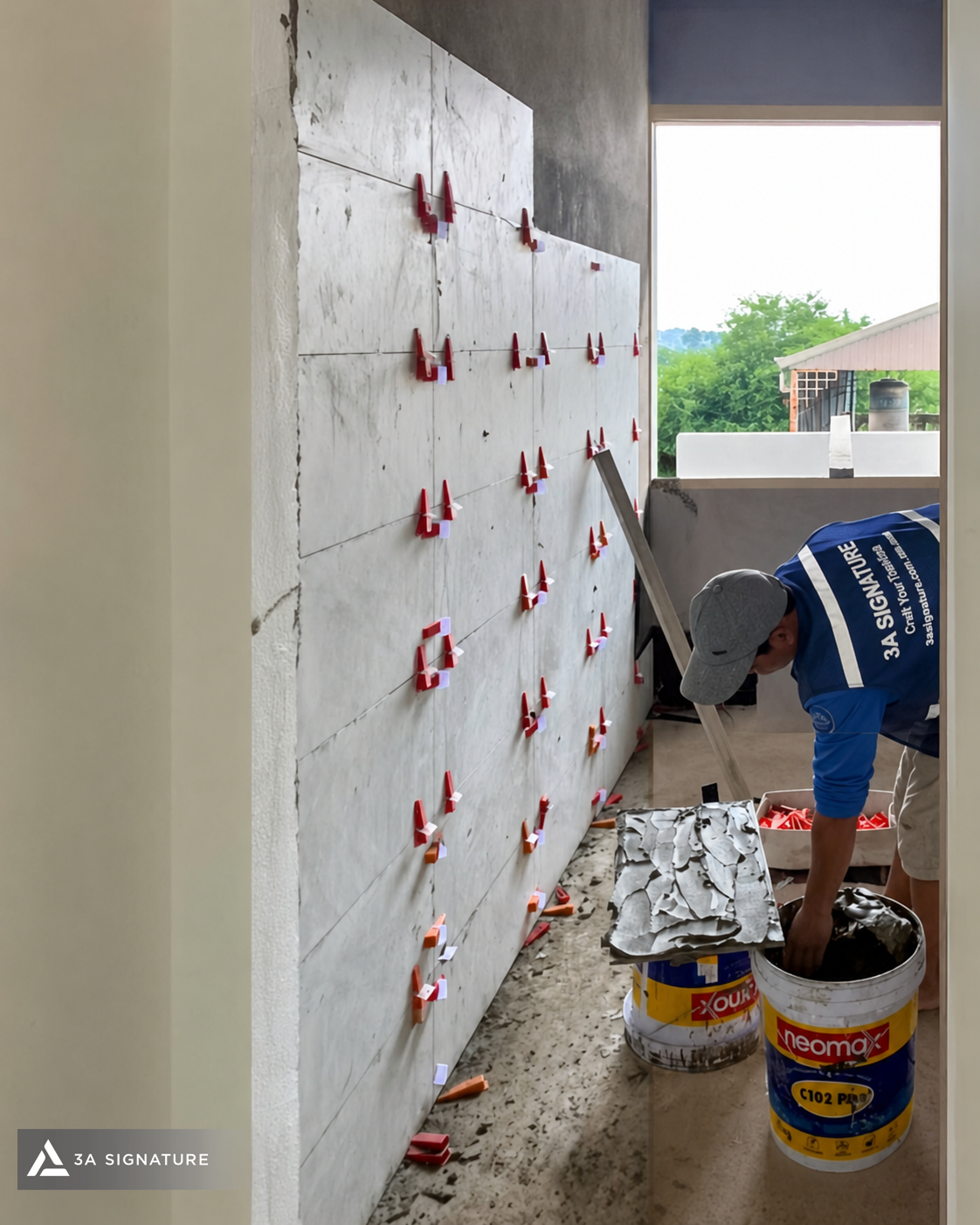 Công đoạn ốp lát gạch cần căn mốc, chia ron và xác định hướng lát trước thi công để kiểm soát mạch gạch, vị trí viên cắt và độ liền mạch hoàn thiện.