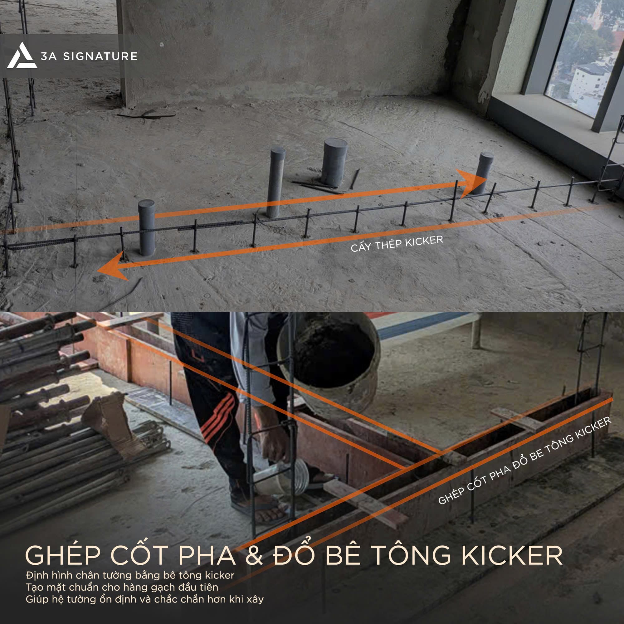 Trong quy trình xây tường chuẩn kỹ thuật tại Legacy Penthouse, bê tông kicker được thi công nhằm tạo mặt chuẩn cho hàng gạch đầu tiên, giúp kiểm soát độ thẳng, độ ổn định và hạn chế thấm chân tường hiệu quả.