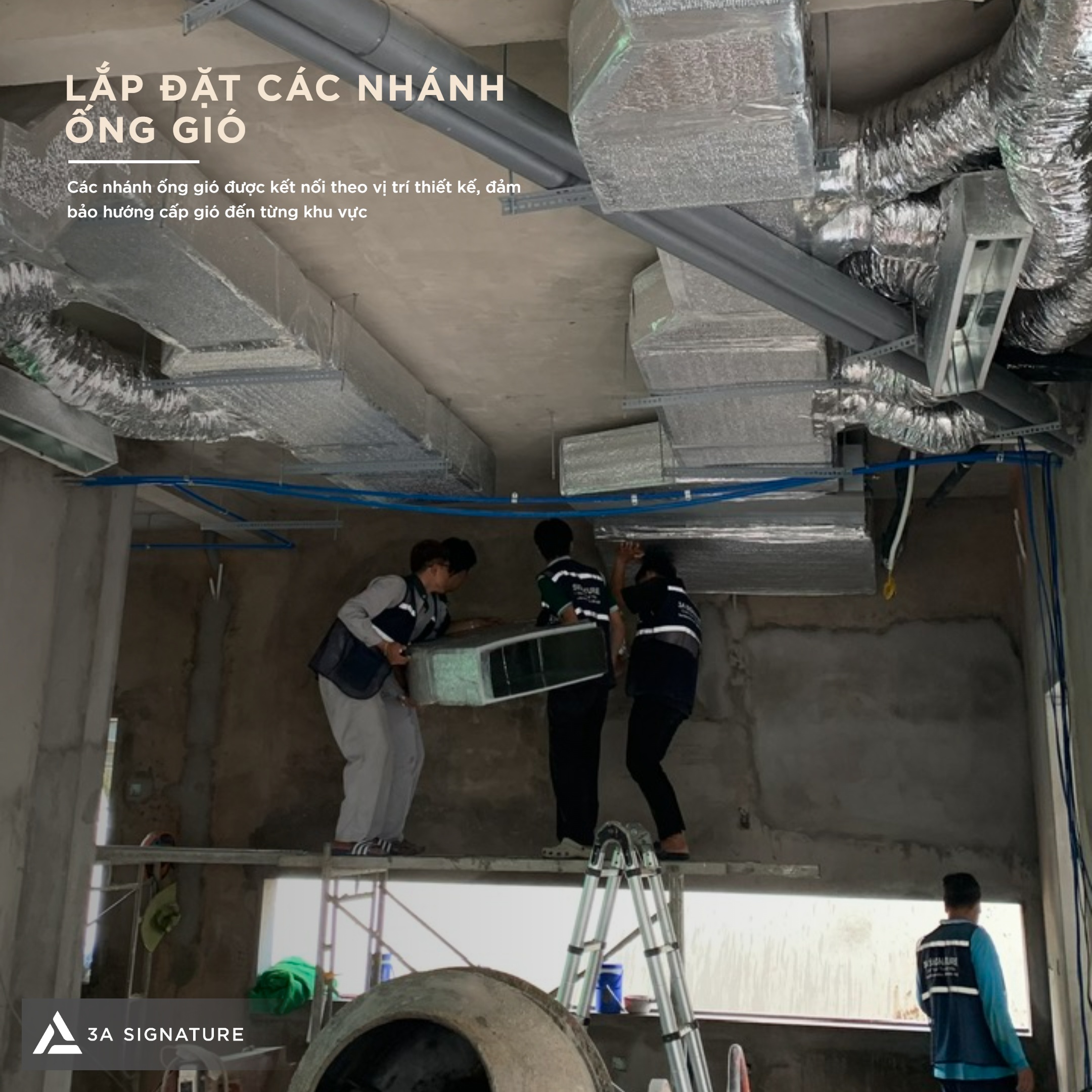 Hình ảnh lắp đặt nhánh ống gió âm trần, ghi nhận quá trình kết nối ống gió chính với các nhánh cấp gió theo thiết kế.