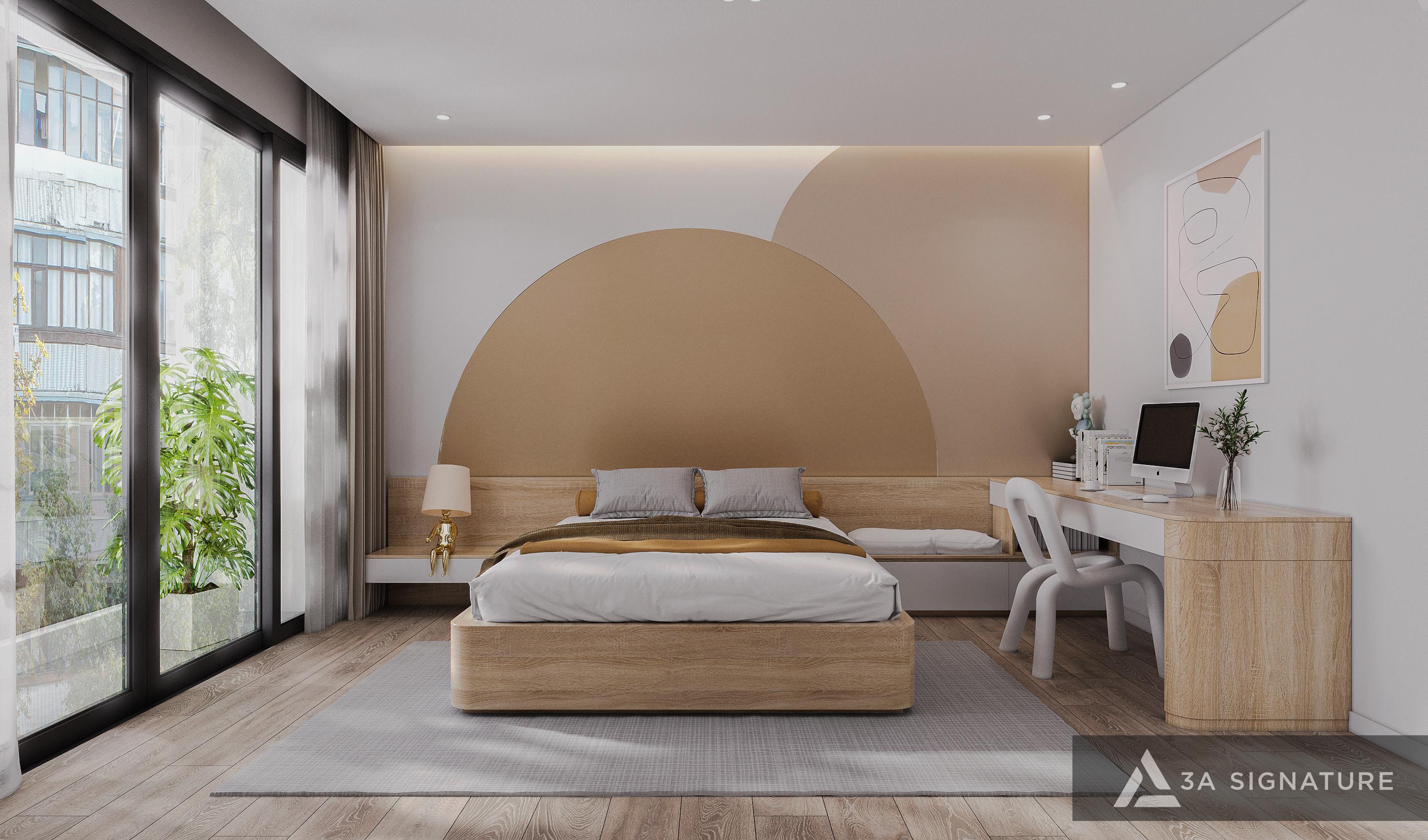 Màu Sắc Của Năm 2026: Xu Hướng Thẩm Mỹ Mới Trong Thiết Kế Kiến Trúc & Nội Thất Phòng ngủ gam Terracotta và vàng đất sậm kết hợp gỗ sáng, tạo cảm giác mộc mạc ấm áp theo Grounded Palette, mang lại sự ổn định và kết nối tinh tế.