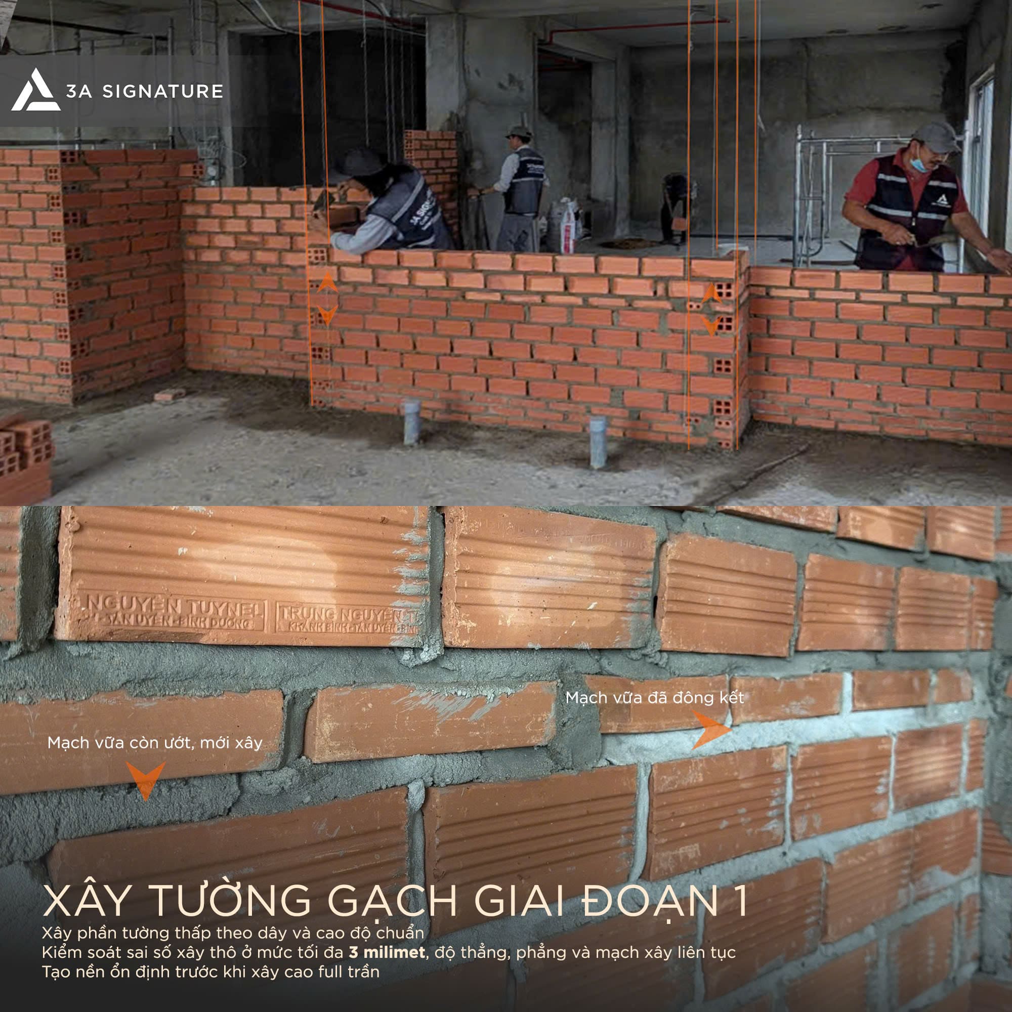 Trong quy trình xây tường chuẩn kỹ thuật tại Legacy Penthouse, tường gạch được thi công theo từng giai đoạn để kiểm soát độ thẳng, mạch xây và khả năng liên kết vật liệu, giúp hạn chế sai số và tăng độ bền công trình.