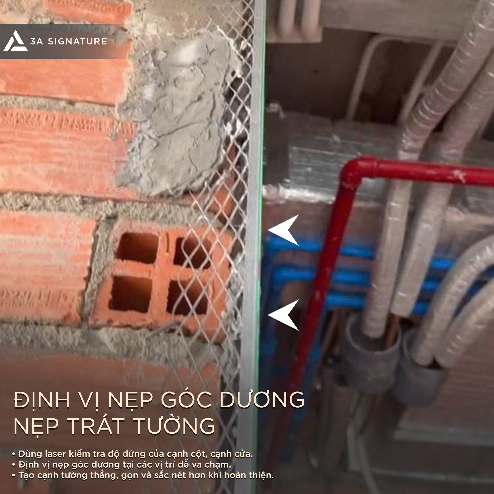kiểm soát kỹ thuật tô trát tường tại góc dương, cạnh cột và mép hộp kỹ thuật bằng nẹp trát, laser và lưới gia cố trước khi tô phủ.