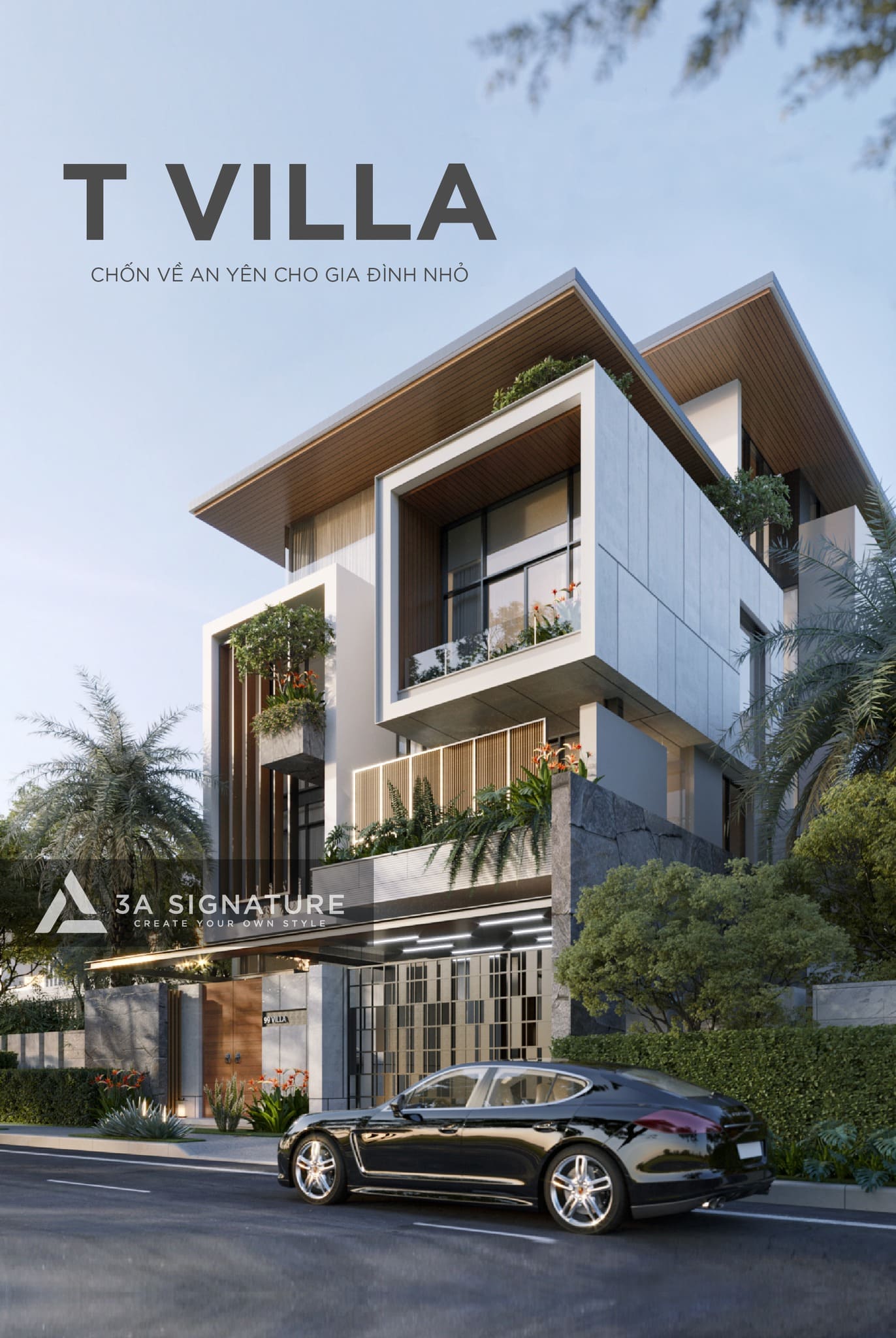 Mặt tiền T Villa phong cách hiện đại do 3A Signature thiết kế và thi công, thuộc chuỗi công trình thực tế tại Biên Hòa trong dịch vụ thi công biệt thự chất lượng cao.