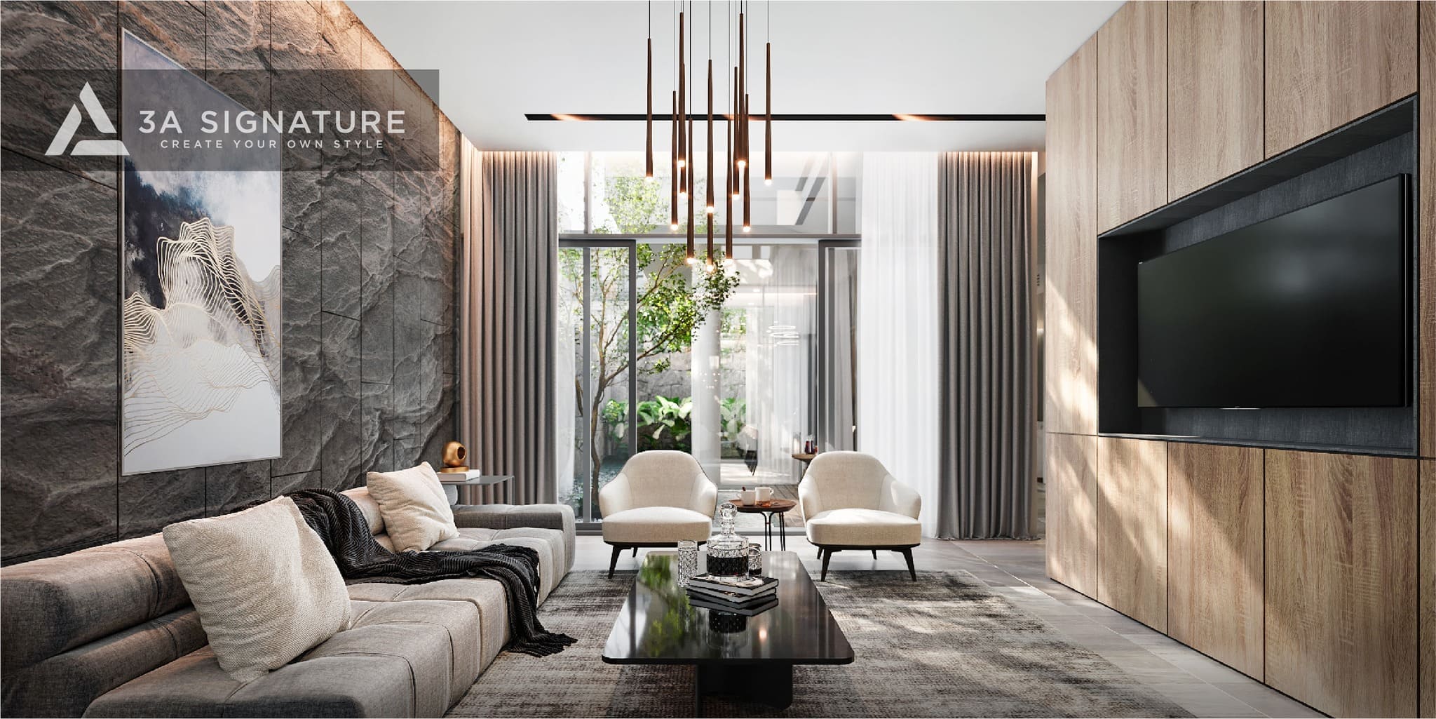 Thiết Kế Bức Tường Trở Thành Điểm Nhấn Tinh Tế Trong Biệt Thự Tropical Thiết kế phòng khách biệt thự Tropical với bức tường xi măng mài tối giản, hiệu ứng sáng – tối tự nhiên tạo chiều sâu, kết hợp mảng tường gỗ và nội thất hiện đại tinh tế.