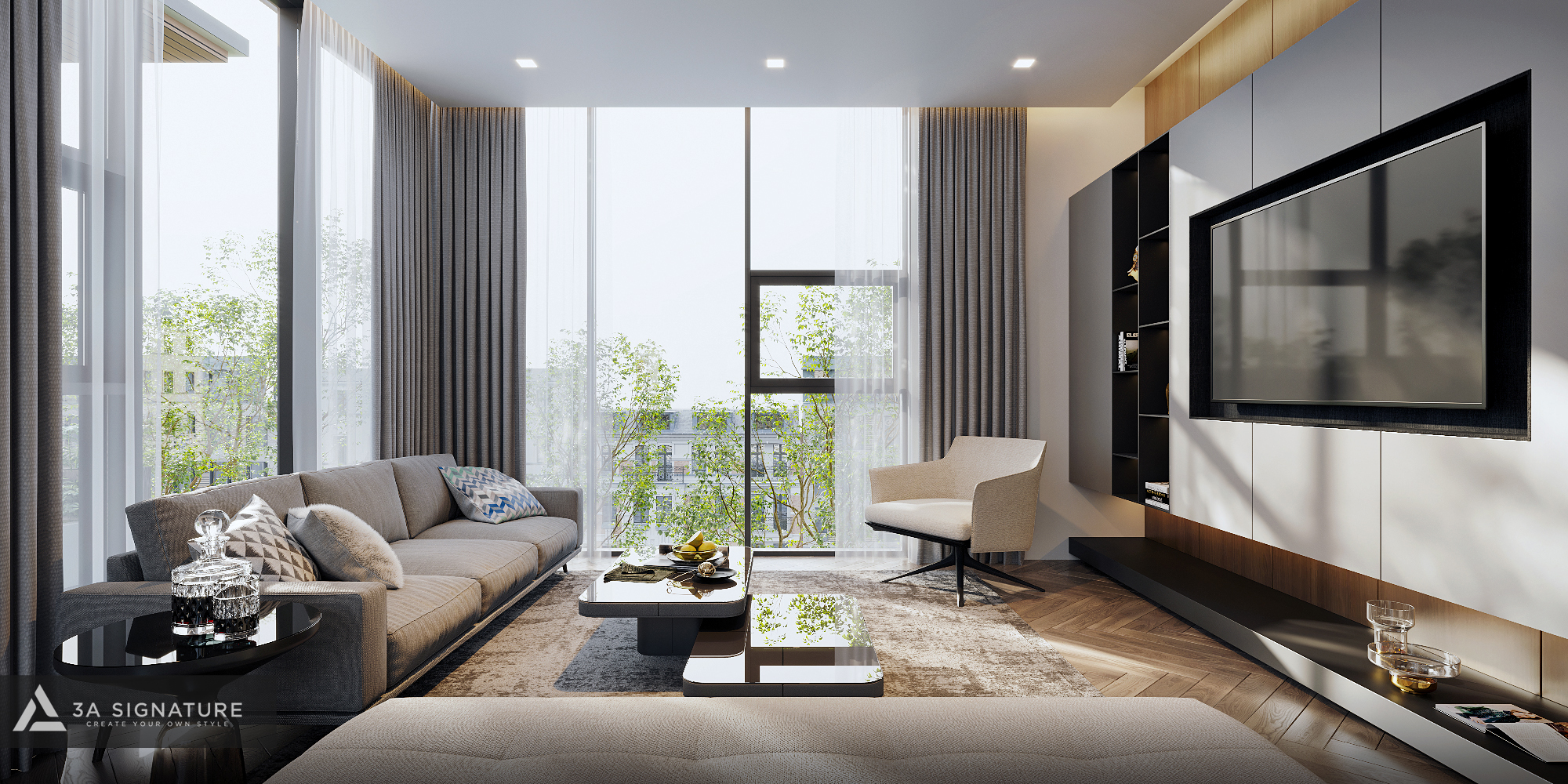 Mẫu Trần Thạch Cao Phòng Khách Cao Cấp: Giải Pháp Nâng Tầm Không Gian Không gian phòng khách với trần thạch cao hiện đại, ánh sáng nền – điểm – gián tiếp hòa quyện, tôn vẻ thoáng sáng và tinh tế của biệt thự 3A Signature.