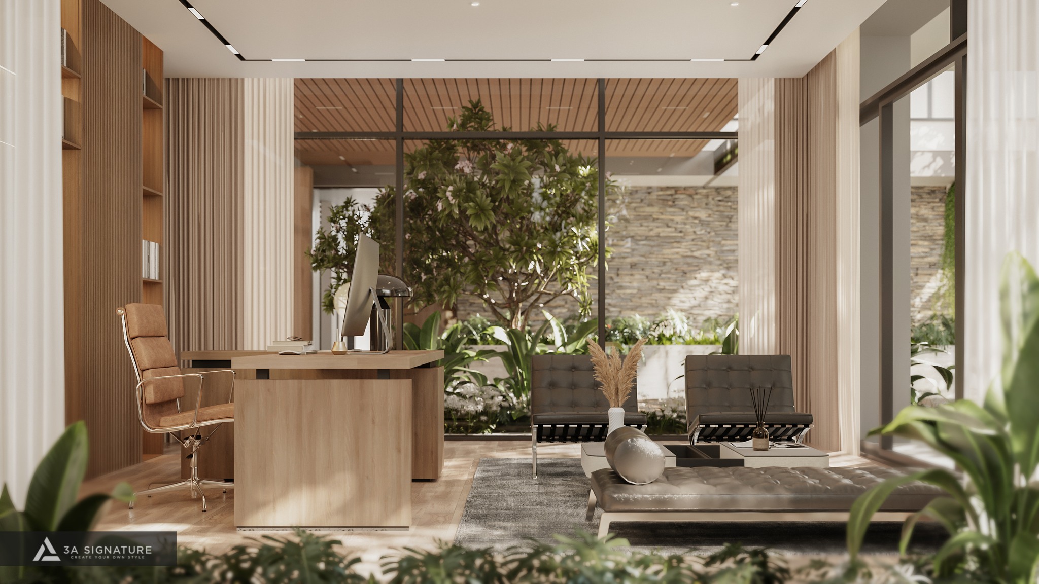 Phòng làm việc ngập tràn ánh sáng tự nhiên với bàn gỗ lớn, ghế da và cửa kính nhìn ra vườn xanh phong cách Tropical Modern.