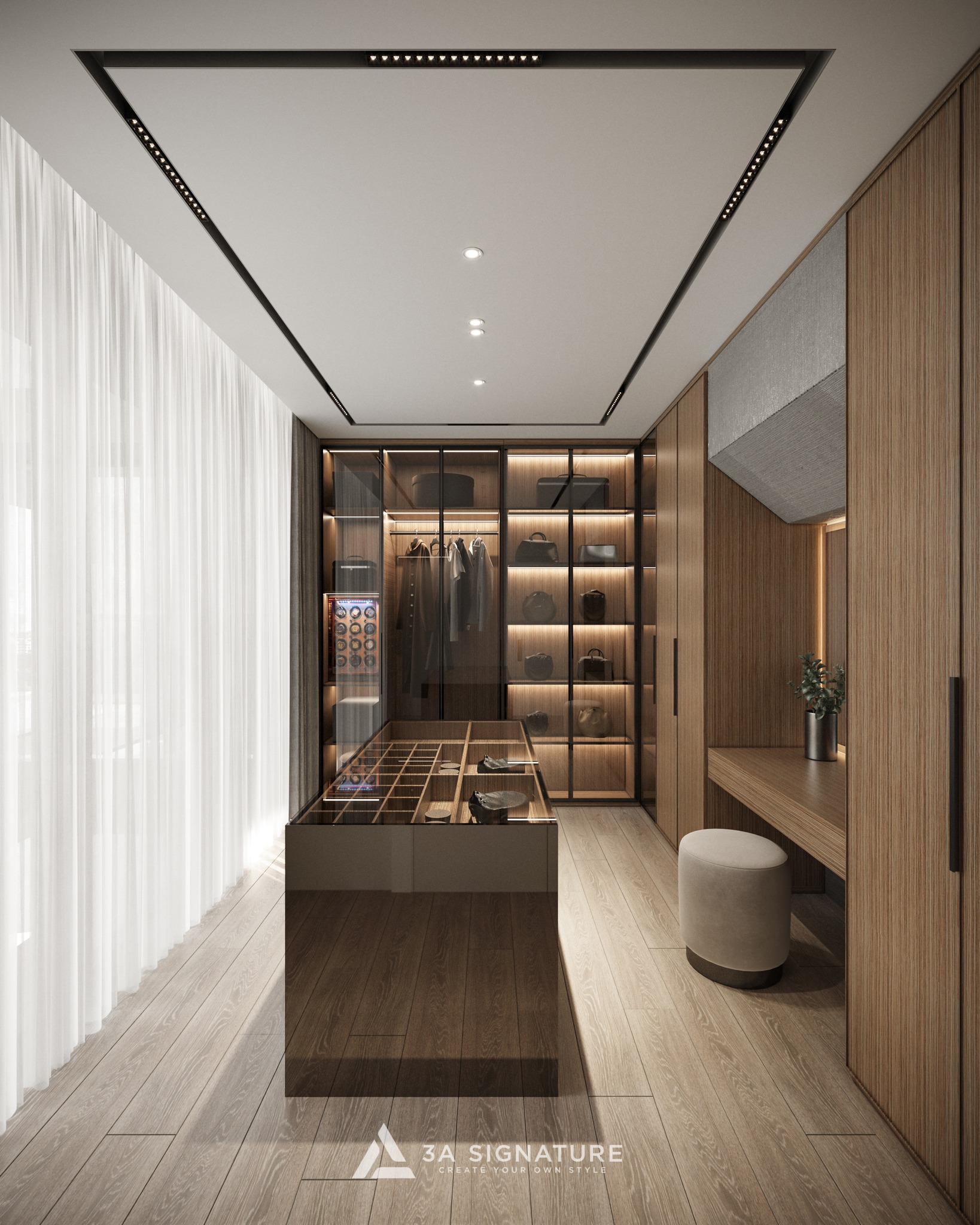 Thiết Kế Phòng Thay Đồ Đẹp: Cân Bằng Giữa Công Năng Và Thẩm Mỹ Phòng thay đồ đẹp với đảo trung tâm mặt kính, tủ trưng bày sáng LED và gỗ ấm, tạo không gian sang trọng và tiện nghi chuẩn biệt thự cao cấp.