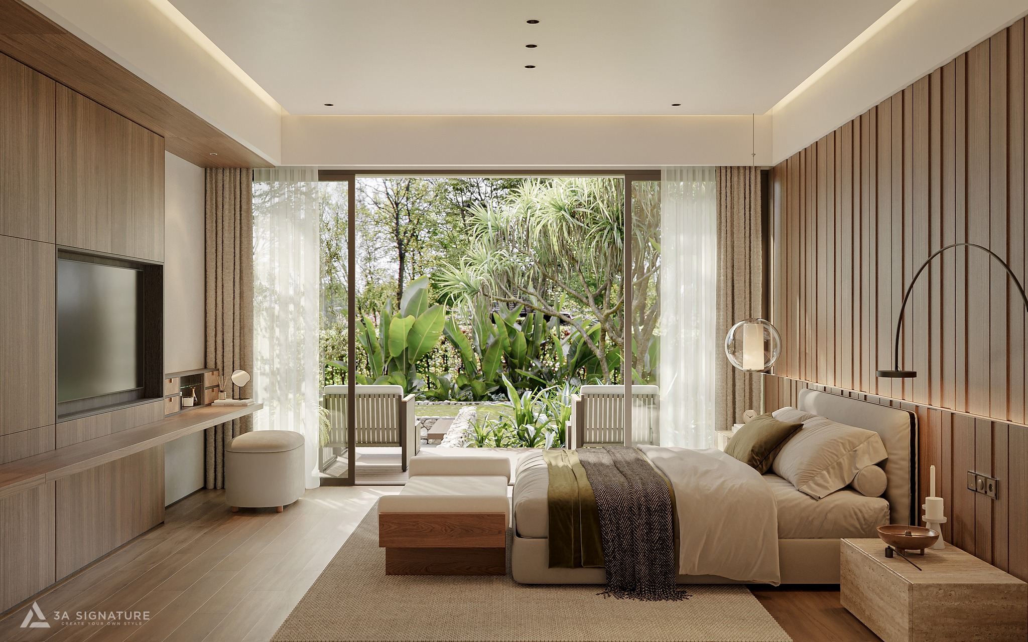 Phòng ngủ biệt thự với cửa kính lớn hướng vườn, nội thất gỗ tinh tế và ánh sáng tự nhiên dịu nhẹ tạo không gian thư giãn và bình yên.