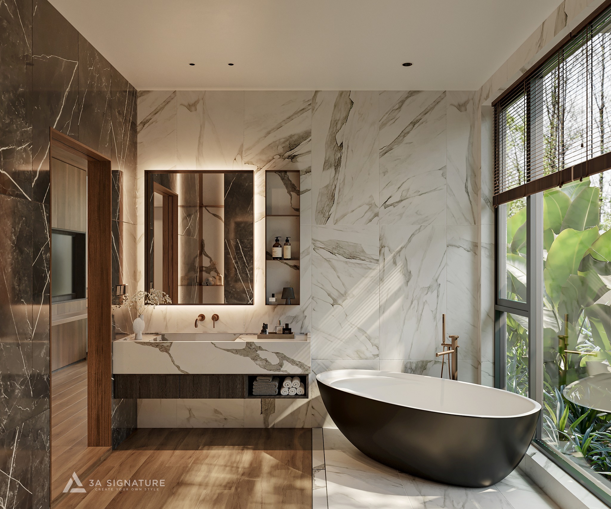 Bố Trí Nội Thất Phòng Tắm Chuẩn Kiến Trúc Sư - Đẹp Và Đúng Công Năng Nội thất phòng tắm với bồn tắm đặt cạnh cửa sổ, ốp đá vân mây và điểm nhấn gỗ chịu ẩm, mang lại không gian sang trọng, ấm áp và hài hòa thiên nhiên.