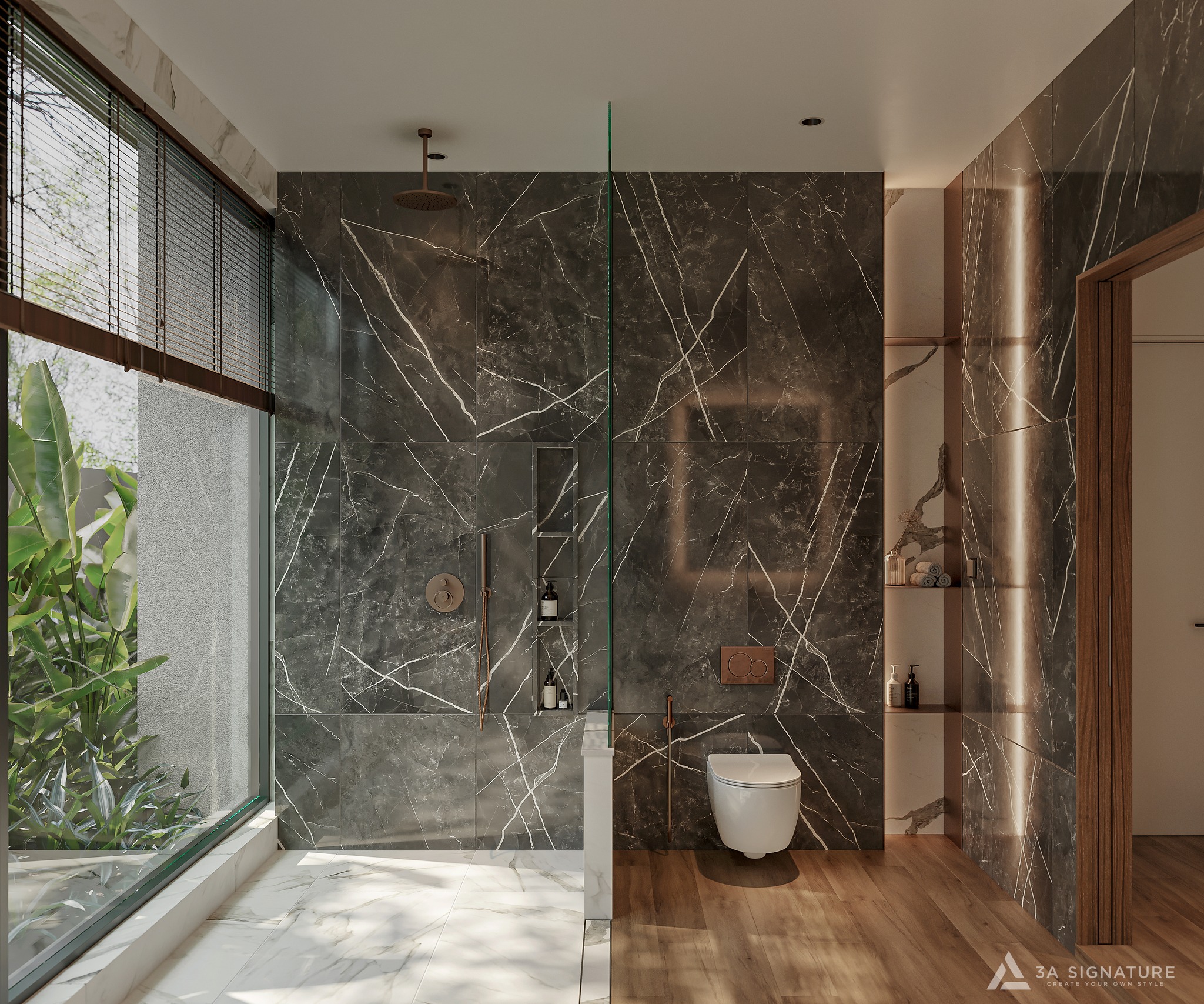Bố Trí Nội Thất Phòng Tắm Chuẩn Kiến Trúc Sư - Đẹp Và Đúng Công Năng Nội thất phòng tắm hiện đại với khu tắm đứng ốp đá vân, kính phân khu khô – ướt và ánh sáng tự nhiên tràn vào, tạo cảm giác rộng thoáng và sang trọng.