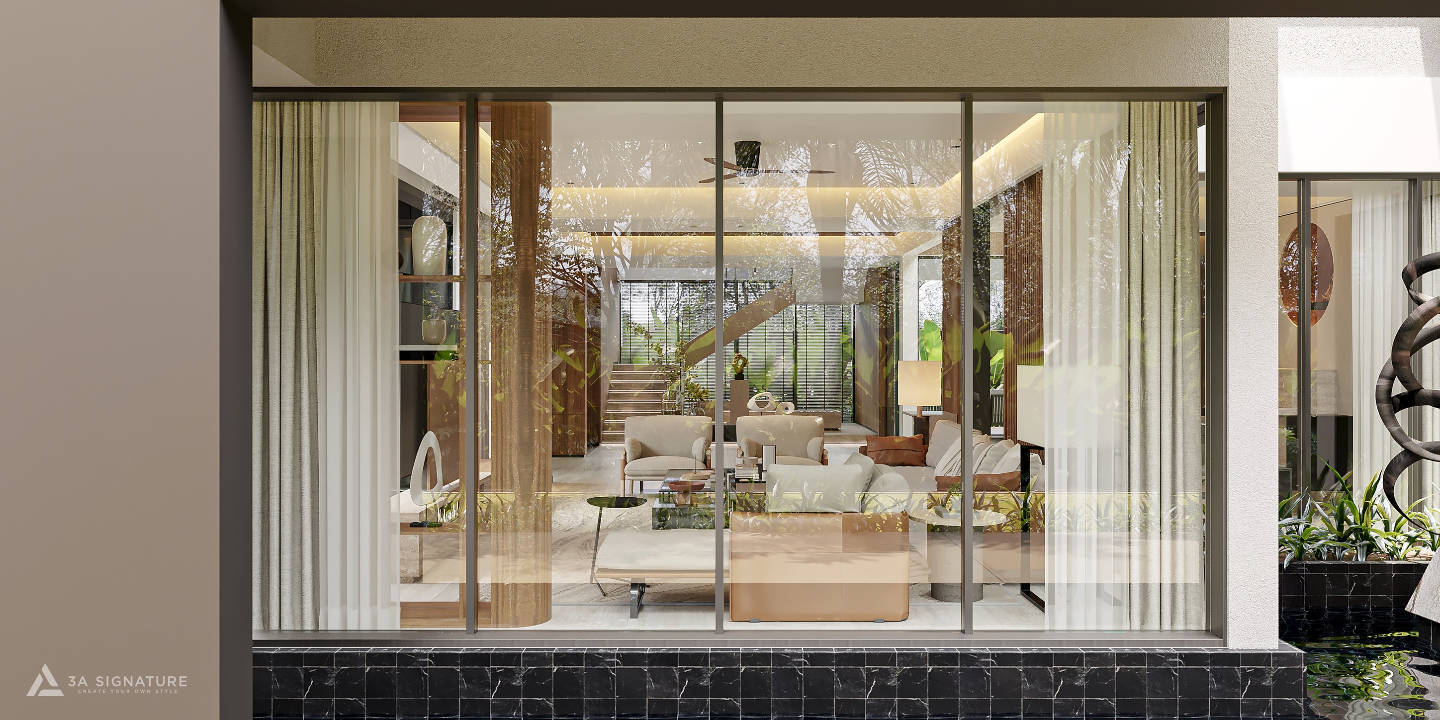 Phòng khách biệt thự Tropical Modern thiết kế bởi 3A Signature, sử dụng kính Low-E, sơn sinh thái và vật liệu hoàn thiện bền vững, tối ưu ánh sáng tự nhiên và trải nghiệm sống xanh.