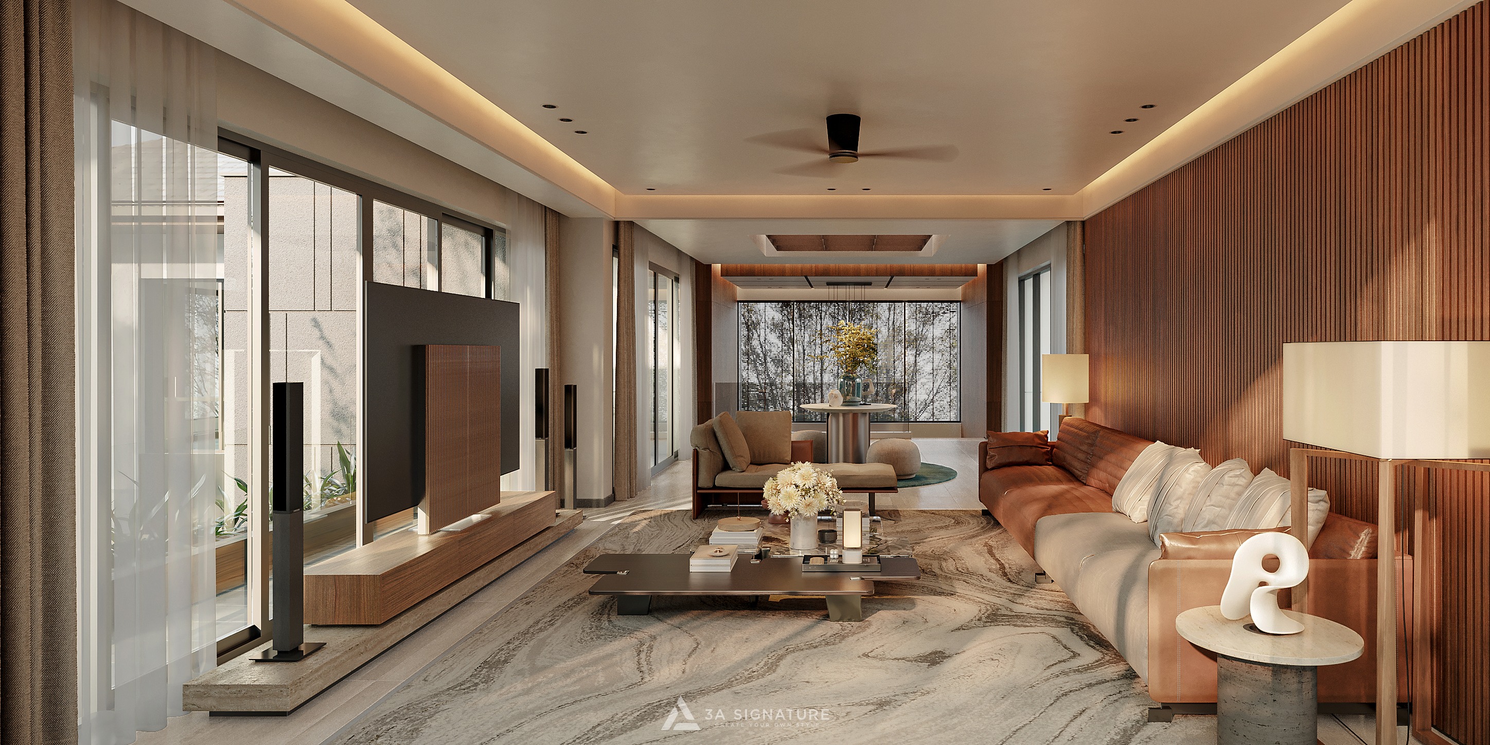 Màu Sắc Của Năm 2026: Xu Hướng Thẩm Mỹ Mới Trong Thiết Kế Kiến Trúc & Nội Thất Phòng khách Tropical Modern với gỗ, ánh sáng ấm và tông nâu – beige, ứng dụng màu phong thủy giúp không gian hài hòa và mang dấu ấn riêng của gia chủ.