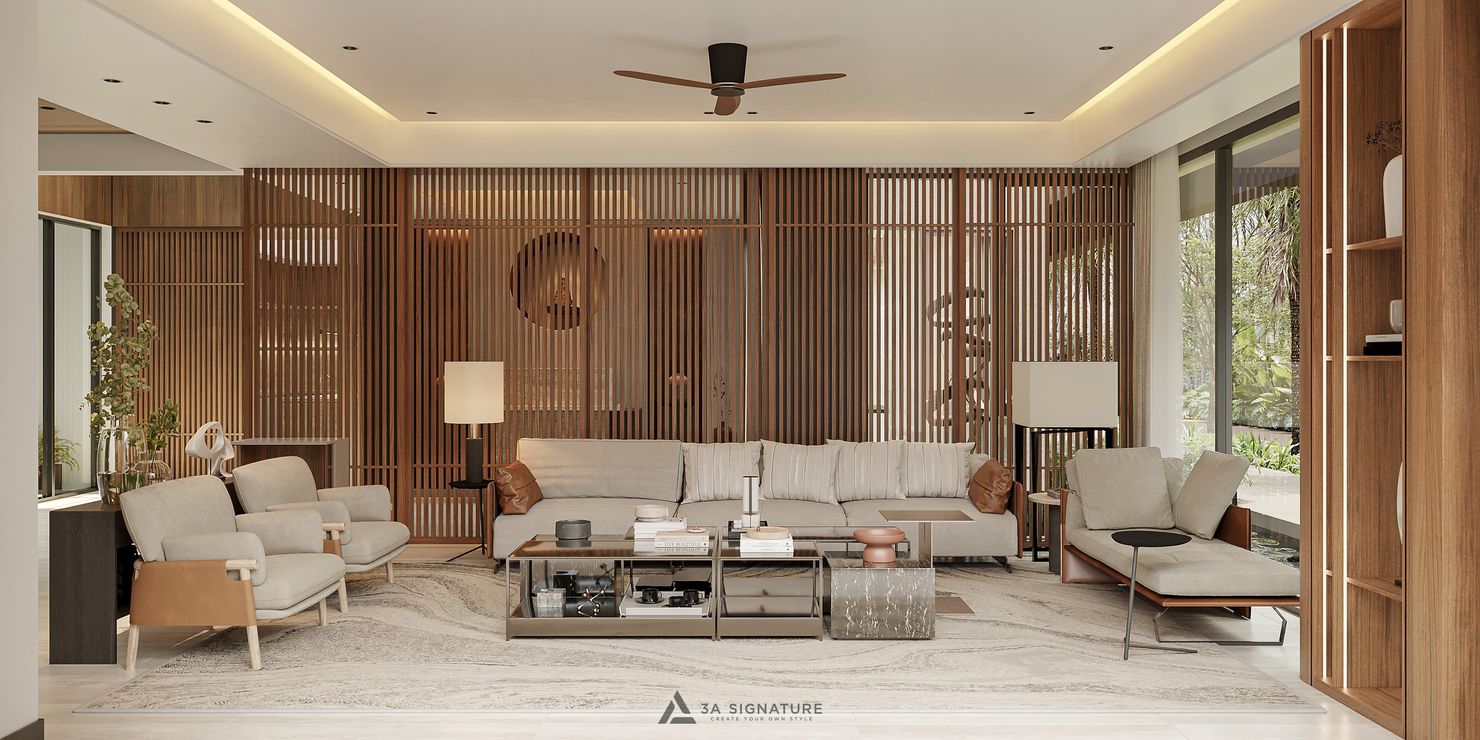 Khi Đẳng Cấp Lên Ngôi: Thiết Kế Biệt Thự Sang Trọng, Độc Bản Tại Đồng Nai Thiết kế biệt thự hiện đại với phòng khách sang trọng, sử dụng gỗ tự nhiên, đá cao cấp và hệ thống kính lớn đón sáng, mang lại không gian ấm cúng và phóng khoáng.
