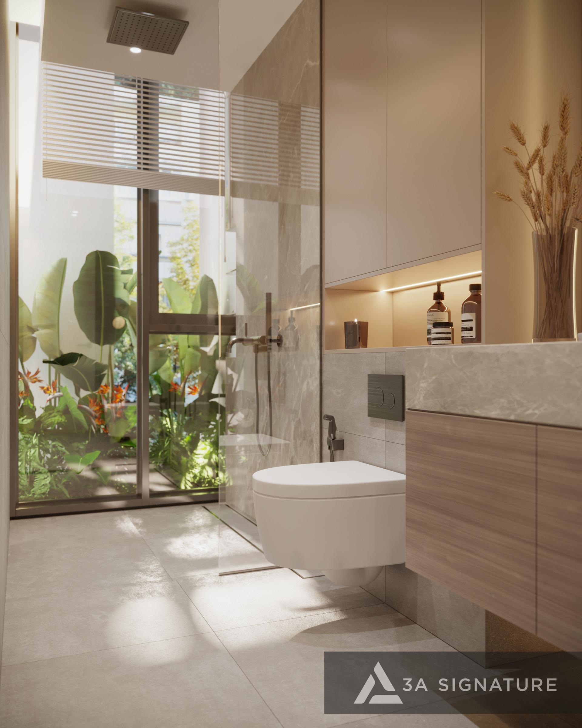 Phòng tắm biệt thự với cửa kính lớn hướng vườn, ánh sáng tự nhiên dịu, chất liệu đá và gỗ tạo không gian thư thái mang phong cách spa hiện đại.