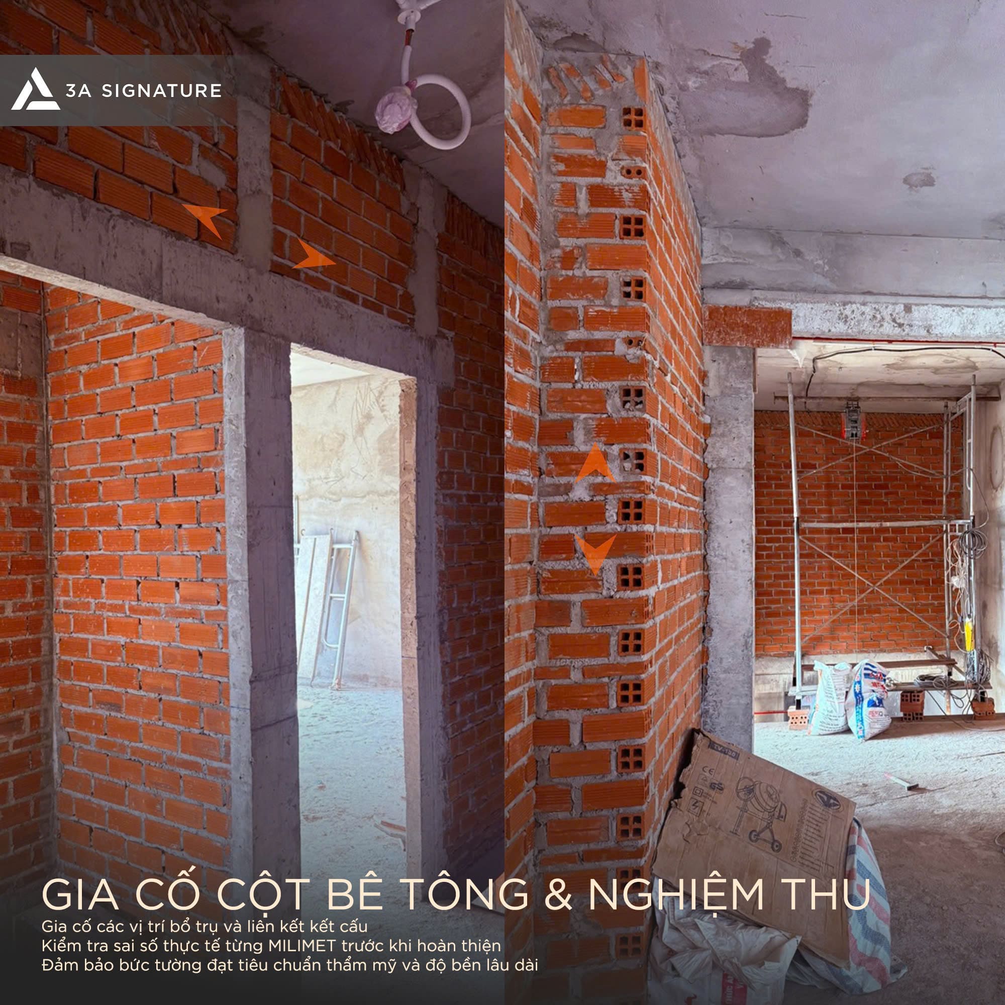 Giai đoạn gia cố và nghiệm thu trong quy trình xây tường chuẩn kỹ thuật giúp kiểm soát sai số hình học, độ phẳng và liên kết kết cấu, tạo nền tảng vững chắc cho các hạng mục hoàn thiện cao cấp phía sau.