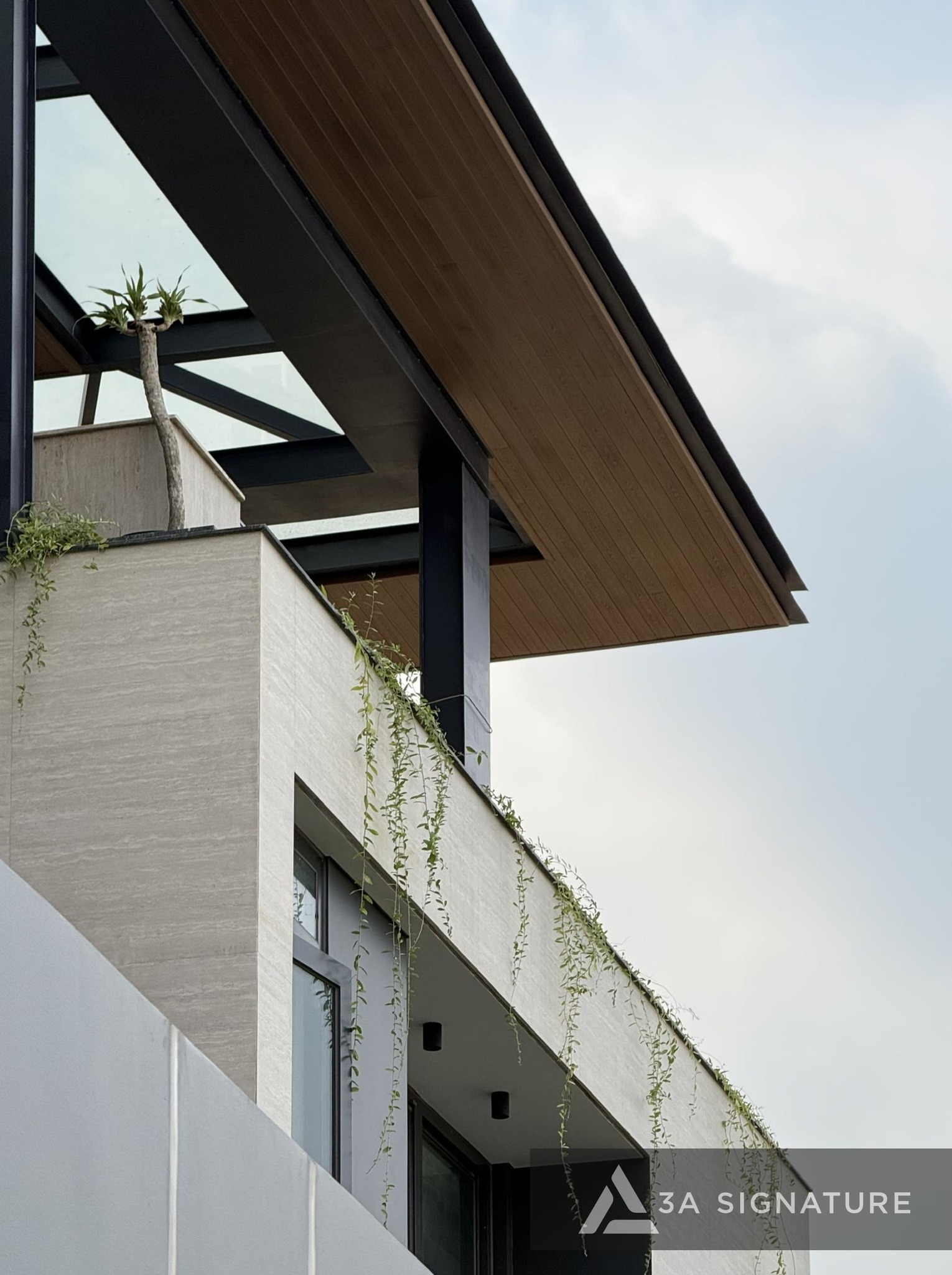 Thi công Diamond Villa Tây Ninh với hệ mái gỗ và mảng kính lớn, mở ra không gian hòa hợp cùng thiên nhiên, thể hiện tinh thần Tropical Modern của 3A Signature.
