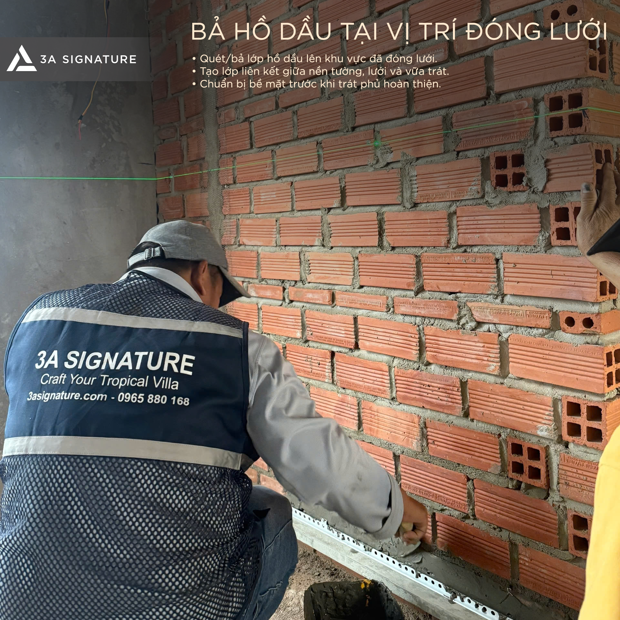 Trong quy trình kỹ thuật tô trát tường, 3A Signature kiểm soát bước bả hồ dầu và tưới ẩm bề mặt nhằm tăng độ bám dính, hạn chế bong rộp và chuẩn bị nền trước khi tô phủ.