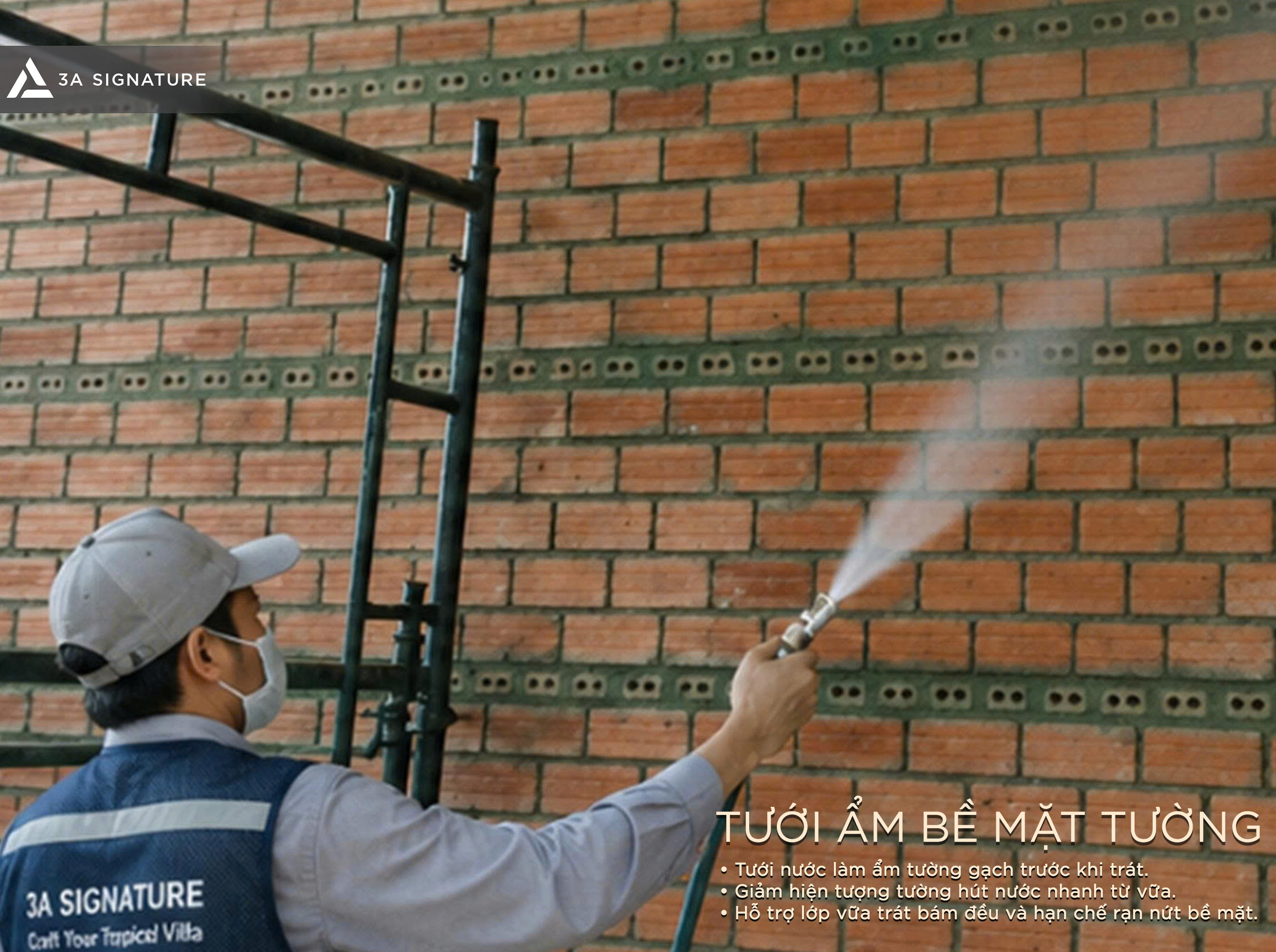Trong quy trình kỹ thuật tô trát tường, 3A Signature kiểm soát bước tưới ẩm bề mặt tường gạch trước khi trát nhằm tăng độ bám dính, hỗ trợ quá trình thủy hóa xi măng và hạn chế rạn nứt bề mặt.