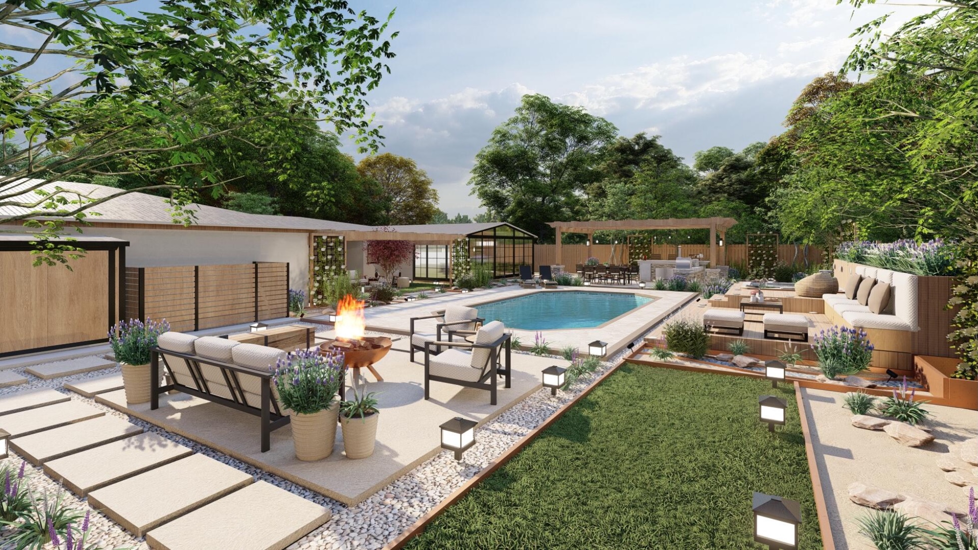 Villa garden rendered in 3D Landscape with swimming pool, fire feature, seating areas, and greenery, demonstrating balanced multifunctional design and indoor-outdoor flow.