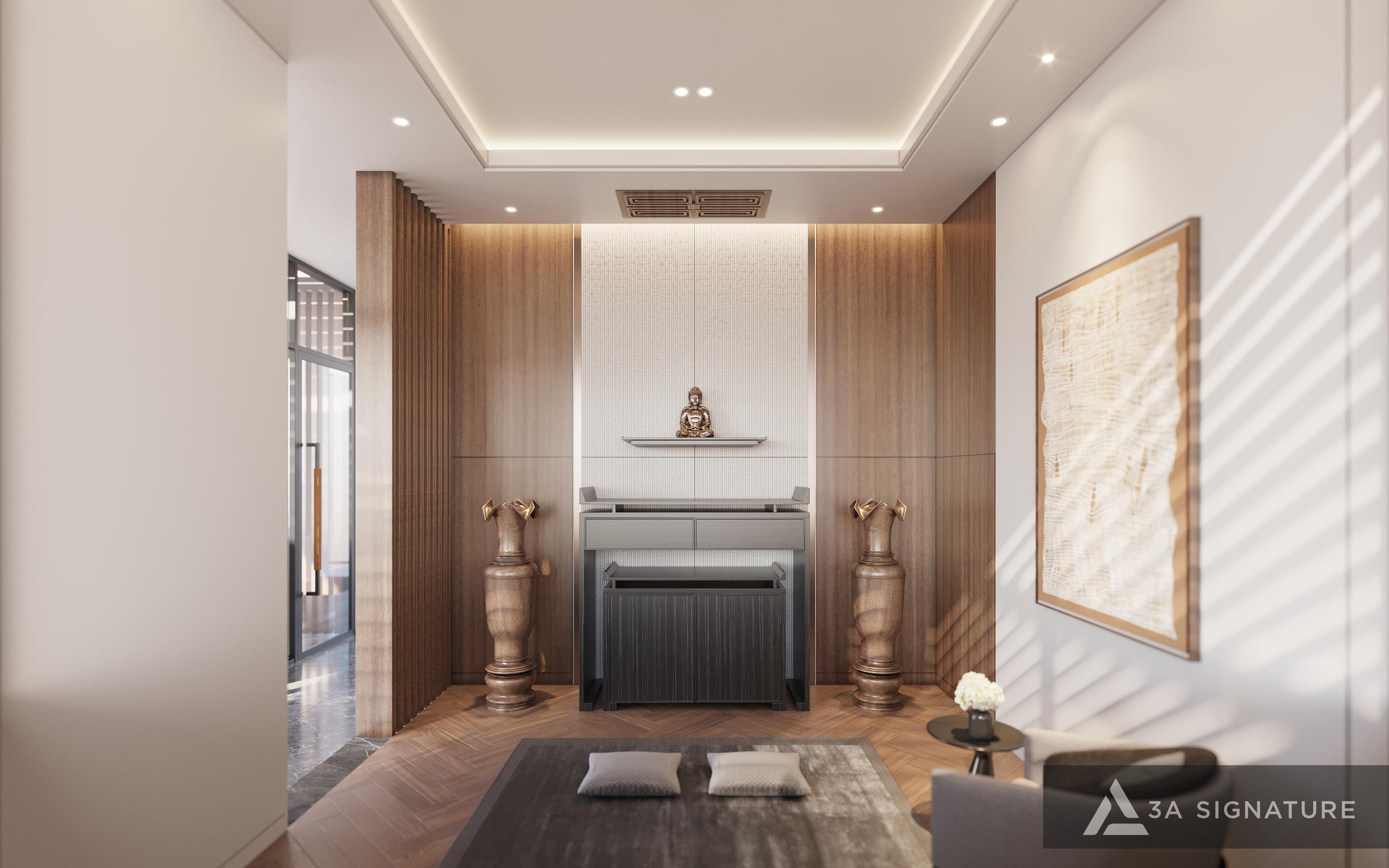 Phòng thờ cao cấp với ánh sáng gián tiếp, bàn thờ gỗ tinh giản và điểm nhấn ánh sáng tại tượng thờ, mang lại không gian trang trọng, tĩnh lặng và cân bằng.