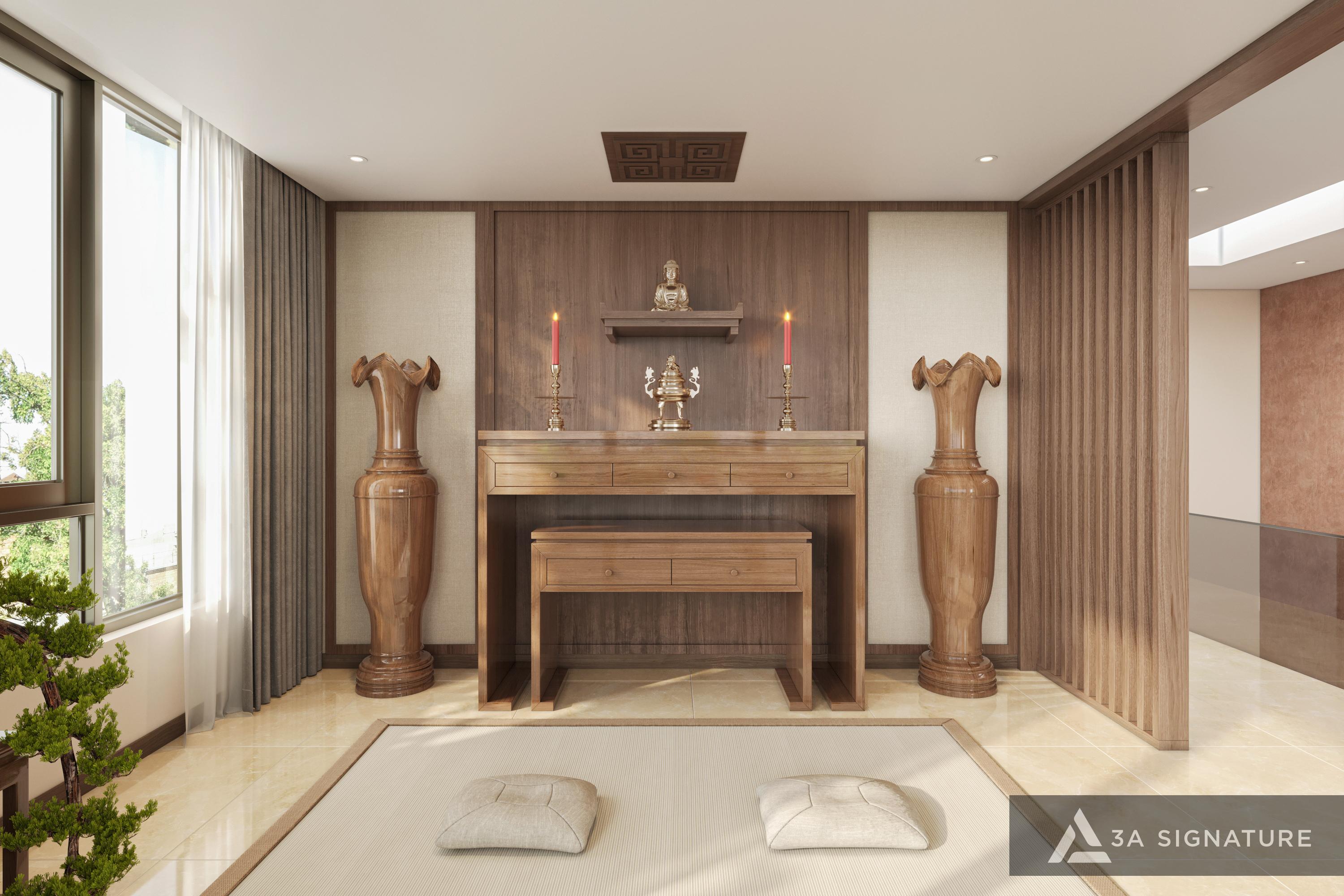 Phòng thờ biệt thự dùng gỗ tự nhiên cao cấp, bàn thờ tối giản, ánh sáng vàng ấm và vật liệu bền vững, mang lại không gian trang trọng và an tĩnh.