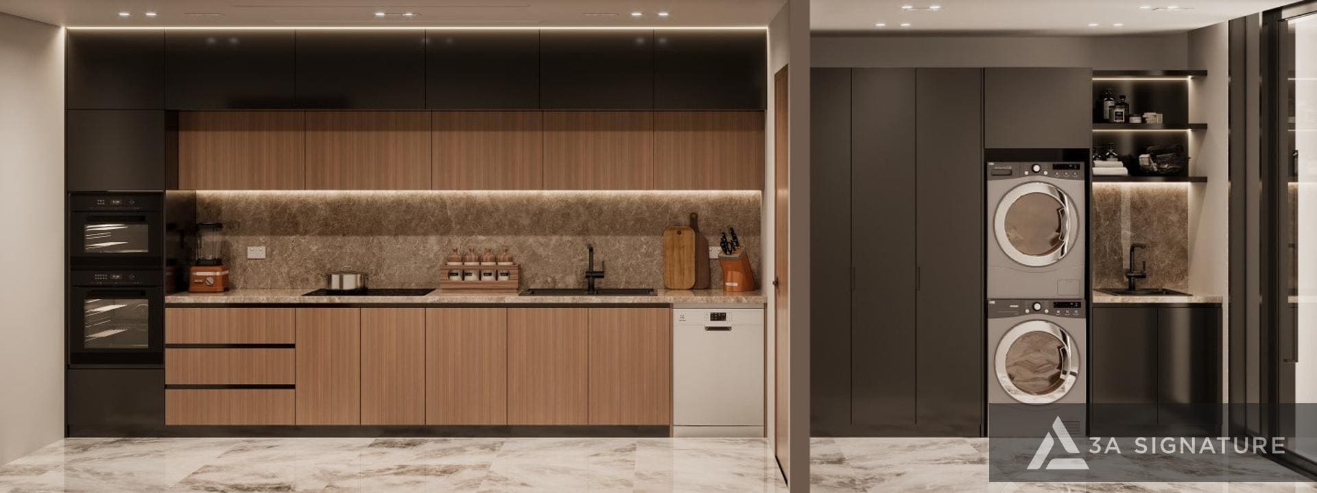 Thiết kế phòng bếp hiện đại sử dụng đá granite và marble tự nhiên cho mặt bếp và tường ốp, vừa sang trọng vừa chống bám bẩn, dễ lau chùi.