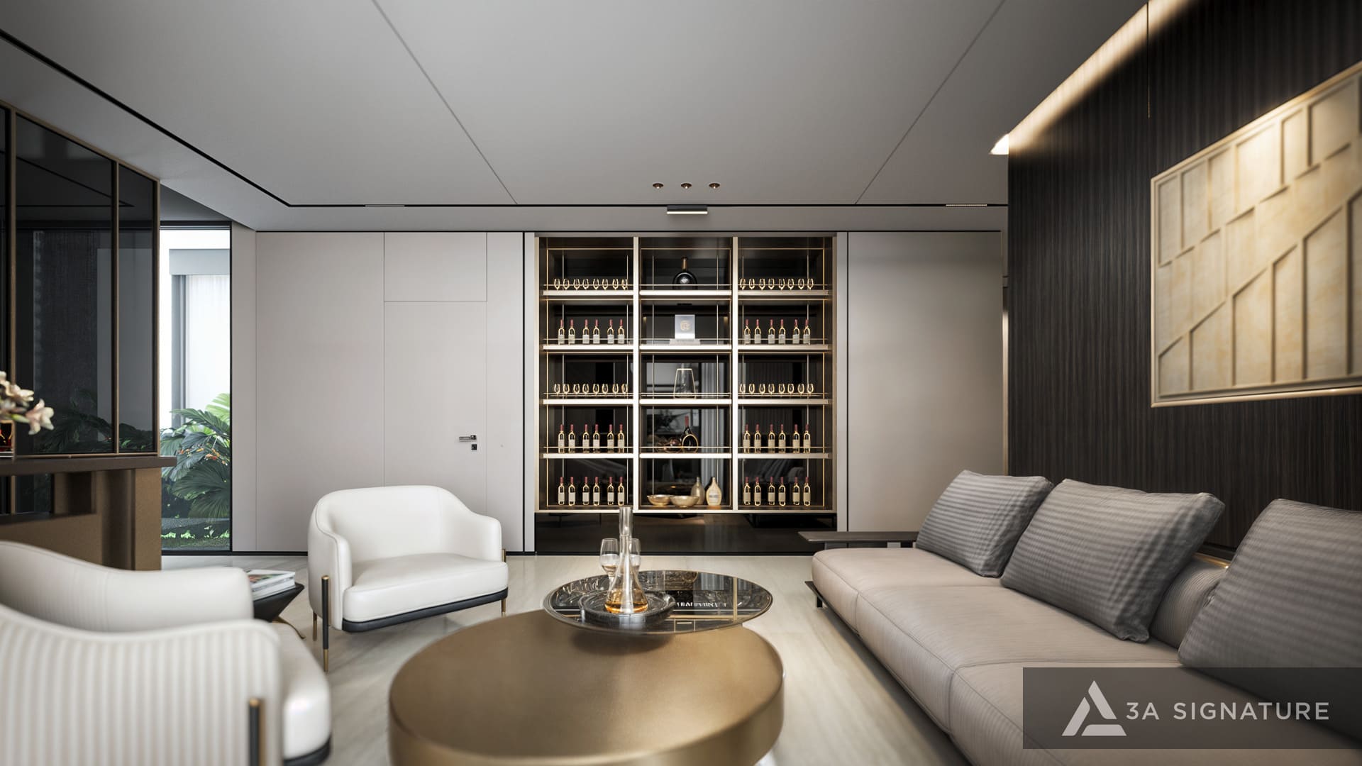 Bàn trà elip mặt đá đặt giữa sofa  trong phòng khách chữ L biệt thự, đường cong uyển chuyển hỗ trợ lưu thông và tạo điểm nhấn mềm mại cho không gian hiện đại.