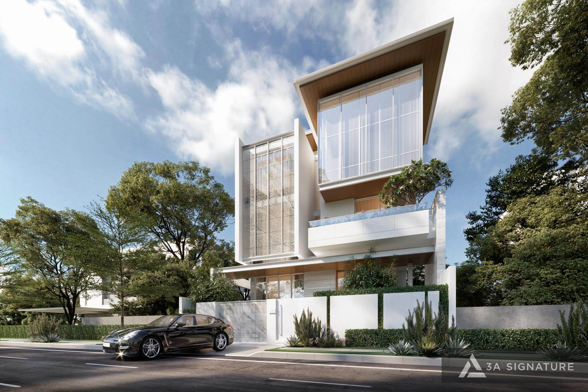 7 Phong Cách Nhà Cao Tầng Hiện Đại Mang Dấu Ấn Cá Nhân Phối cảnh mặt tiền D7 Villa với thiết kế lệch tầng hiện đại, mái dốc lớn, lam chắn nắng đứng, mảng kính lớn và mảng xanh tầng cao, tạo nên tổng thể sống động, hài hòa giữa kiến trúc và thiên nhiên.