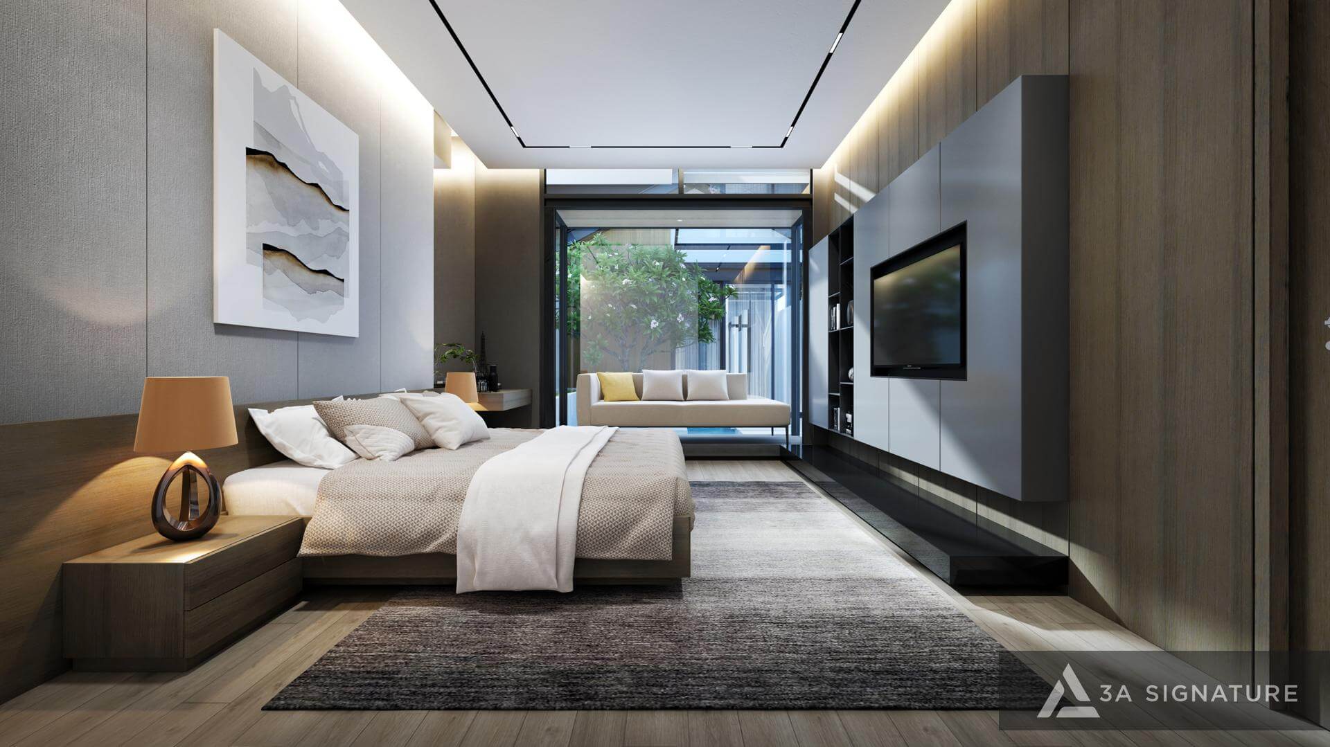 Phòng ngủ hiện đại với mảng tường ốp gỗ và đá sang trọng, giường gỗ tối giản, trang trí bằng gối tựa, thảm và đèn bàn màu sắc độc đáo, mang đến cảm giác ấm cúng và linh hoạt.